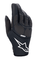 Alpinestars Thermo Shielder handschoenen, zwarte motorcrosshandschoenen, voorzien van een groot wit sterlogo en ASTARS-branding, gewatteerde rugzijde met laser-gelamineerde details, neopreen constructie voor koud weer, geperforeerde duimventilatie