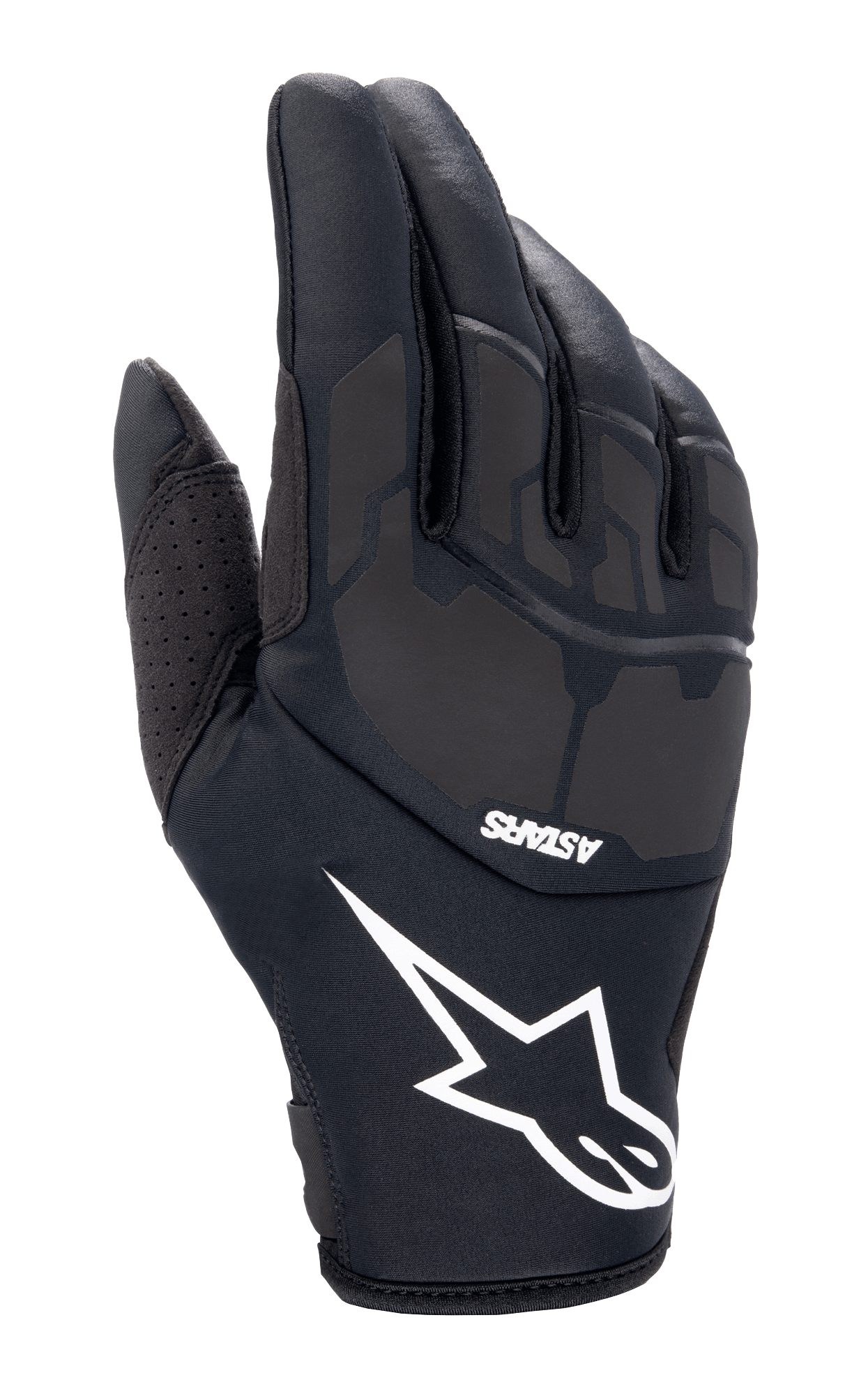 Alpinestars Thermo Shielder handschoenen, zwarte motorcrosshandschoenen, voorzien van een groot wit sterlogo en ASTARS-branding, gewatteerde rugzijde met laser-gelamineerde details, neopreen constructie voor koud weer, geperforeerde duimventilatie