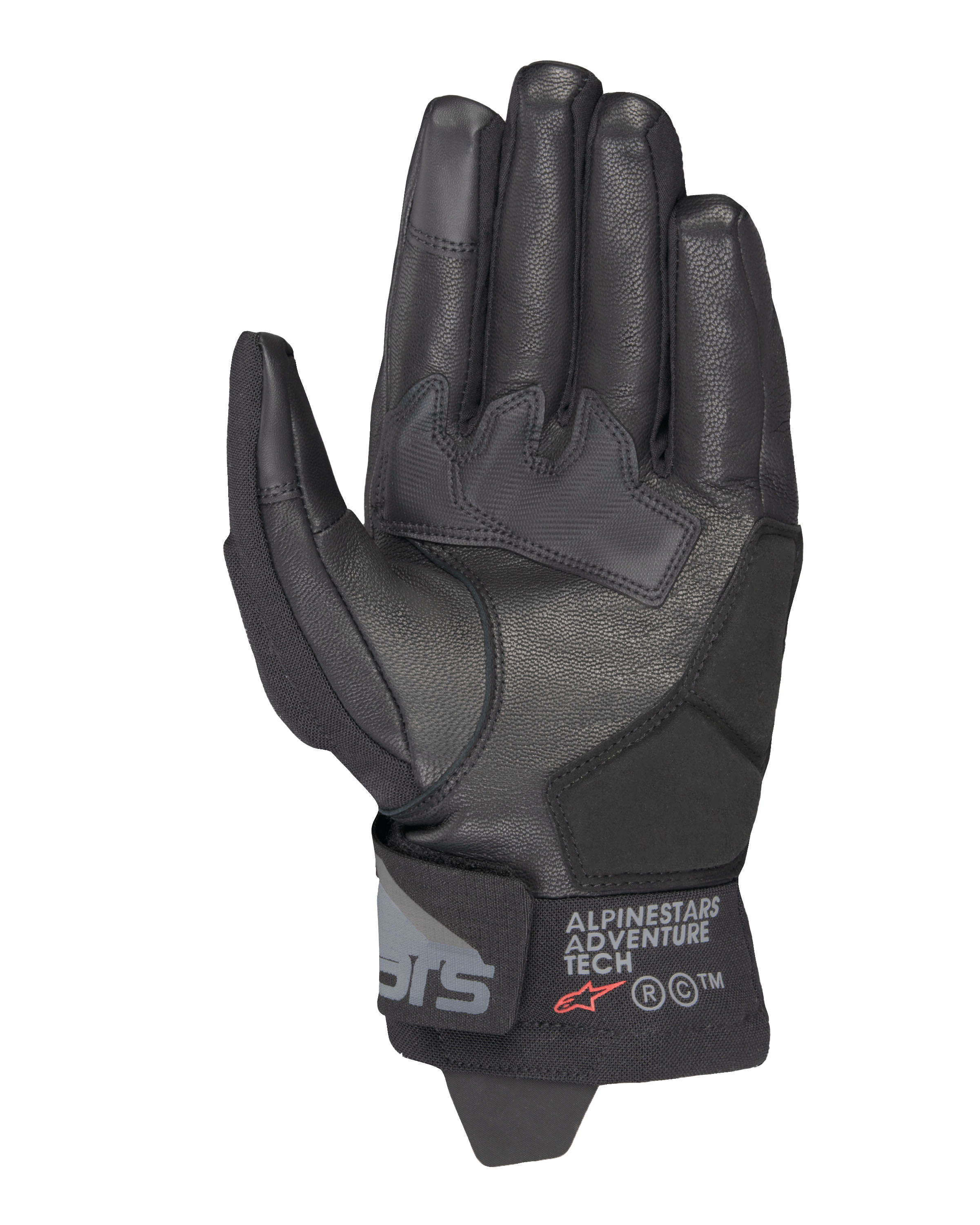 Gants Alpinestars Corozal V3 Drystar®, noir, vue du côté de la paume montrant la construction en cuir avec empiècements renforcés, manchette courte avec marquage Alpinestars Adventure Tech, bouts des doigts compatibles avec les écrans tactiles, équipement moto d'aventure durable toutes saisons.