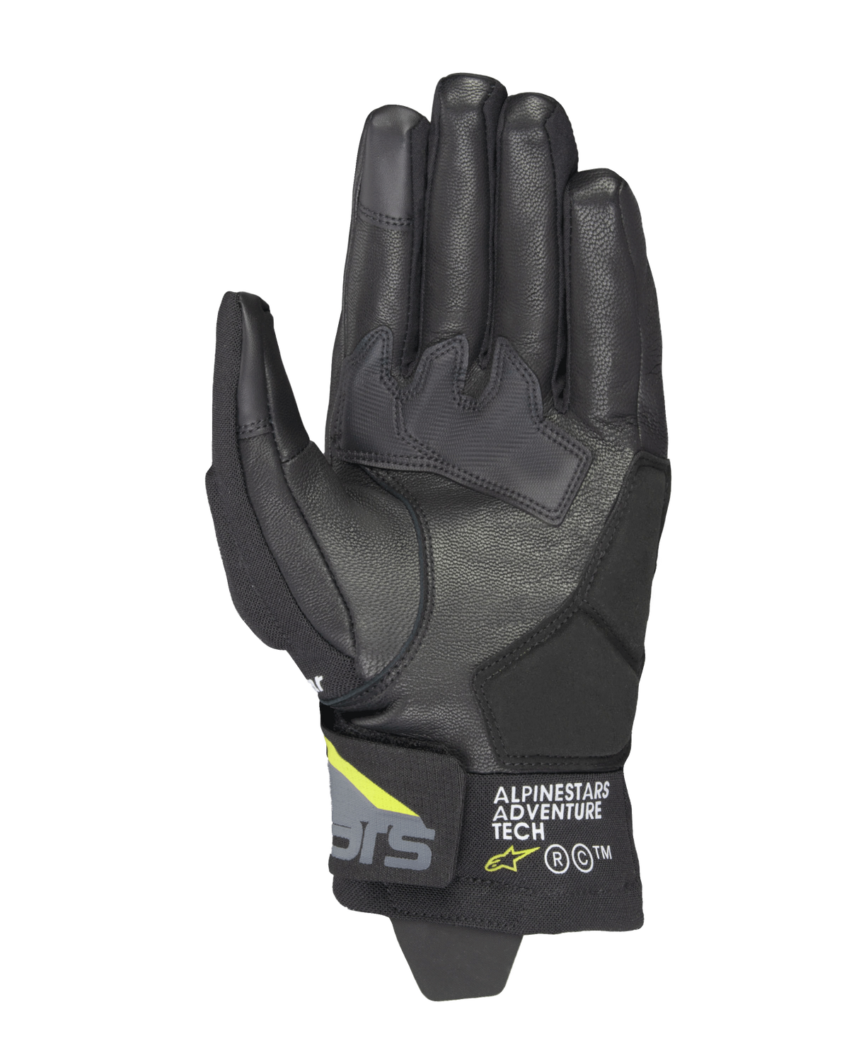 Alpinestars Corozal V3 Drystar®-handschoenen, Black Deep Gray en Yellow Fluo, handpalm-aanzicht met een lederen constructie met synthetische versterkingen, touchscreen-compatibele vingertoppen en Alpinestars Adventure Tech-branding op de korte manchet.