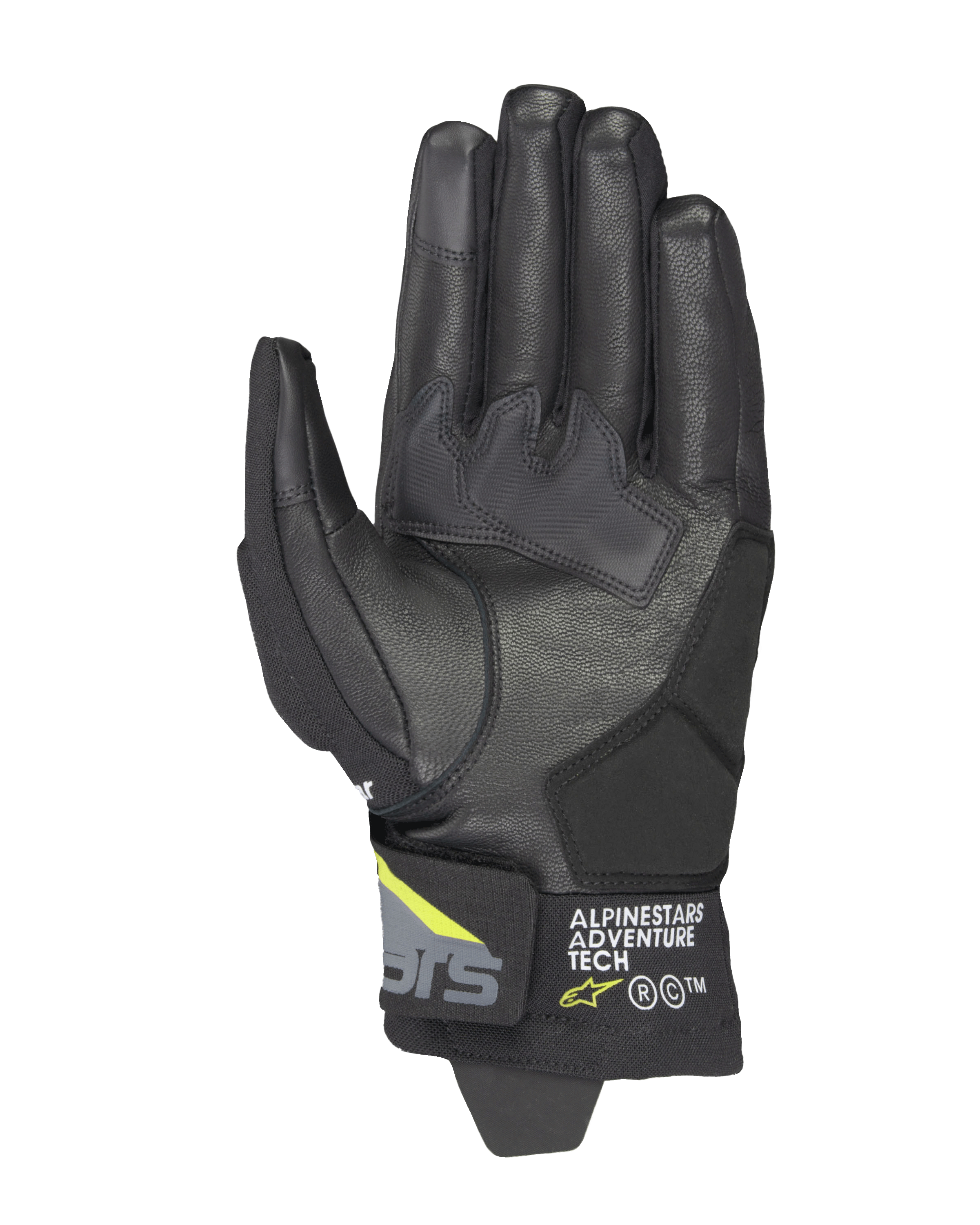 Alpinestars Corozal V3 Drystar® Handschuhe, Schwarz, Dunkelgrau und Gelb Fluo, Handflächenansicht mit Lederkonstruktion und synthetischen Verstärkungen, Touchscreen-kompatible Fingerspitzen und Alpinestars Adventure Tech Branding an der kurzen Stulpe.