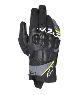 Alpinestars Corozal V3 Drystar®, gants de moto aventure, noirs avec accents gris foncé et jaune fluo, construction en cuir et textile avec protection des articulations moulée, manchette courte, imperméables et respirants pour rouler par tous les temps