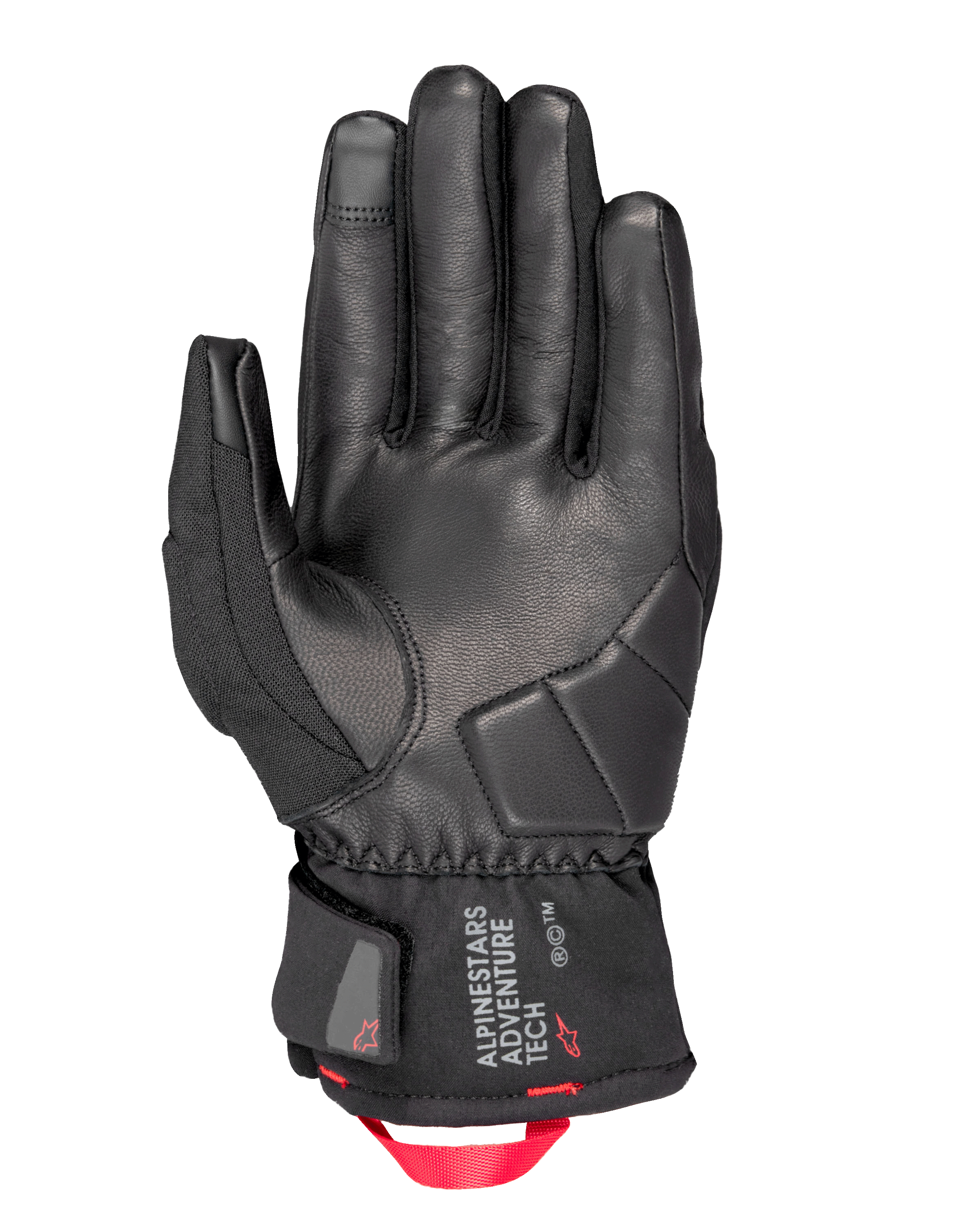Alpinestars Crestone GORE-TEX geïsoleerde handschoenen, motorhandschoenen, zwart, palmzicht met leren constructie en versterkte impactvulling, kort manchet met Alpinestars Adventure Tech-logo en een felrode webbing treklus