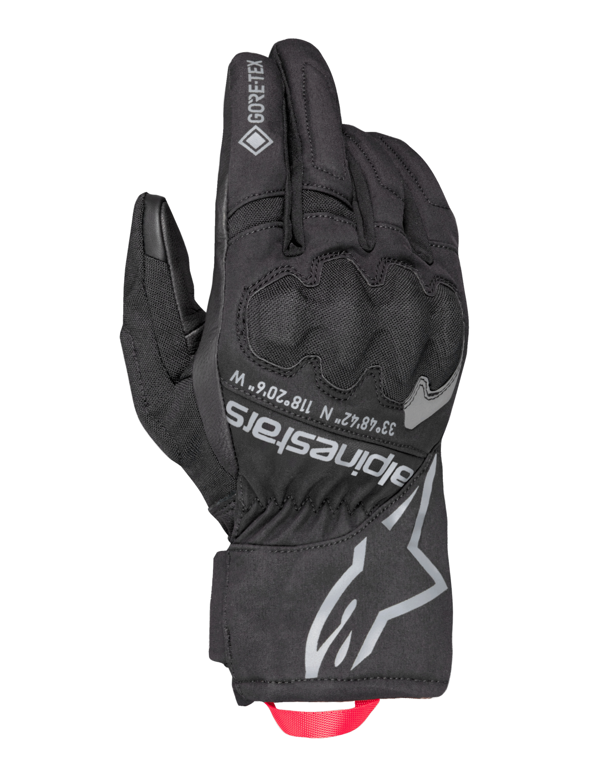 Alpinestars Crestone GORE-TEX isolierte Handschuhe, schwarze Motorrad-Tourenhandschuhe, wasserdichte und atmungsaktive Textil-Oberhand, integrierter Knöchelschutz, silbernes Alpinestars-Logo und Koordinaten, rote Gurtband-Zugschlaufe