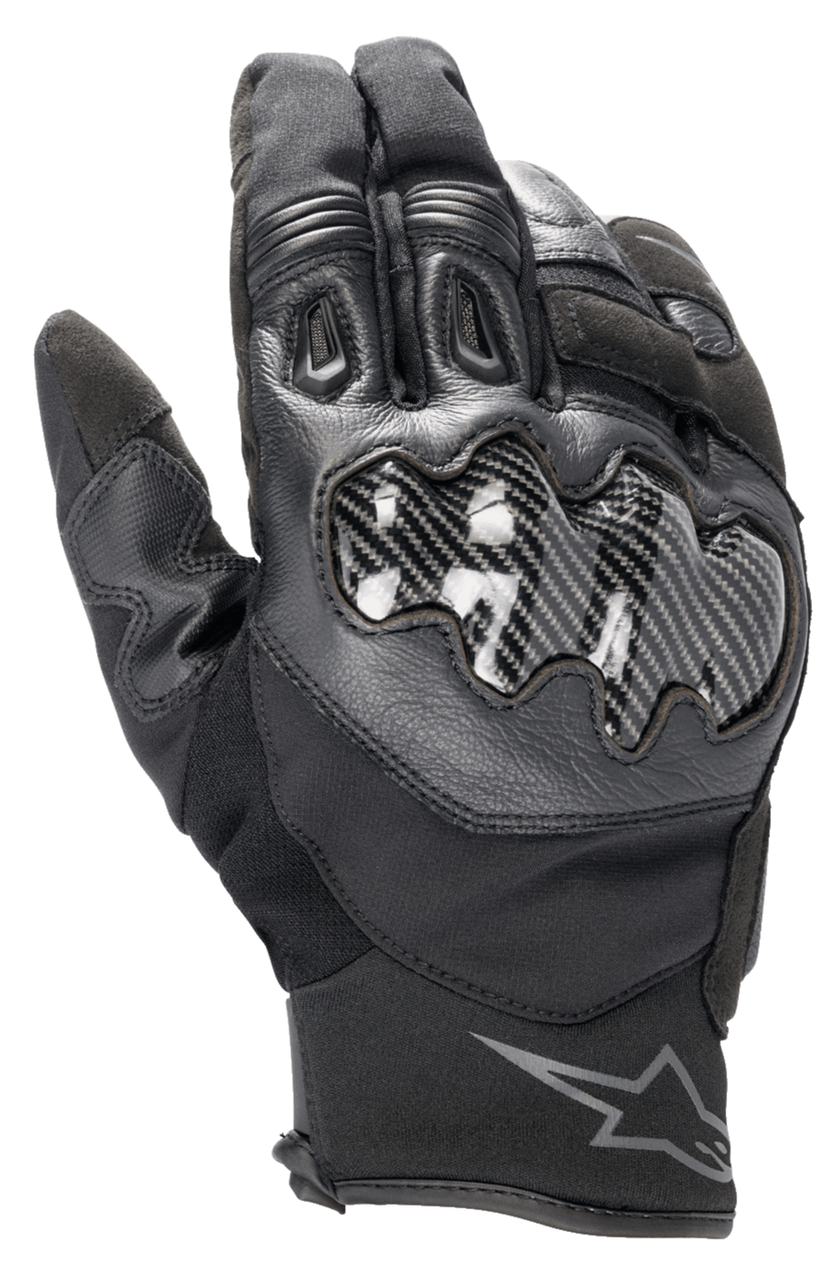 Alpinestars SMX-1 Drystar® motorhandschoenen, zwart, voorzien van carbon-effect knokkelbescherming, constructie van leer en textiel, korte manchet met Alpinestars-logo op de pols