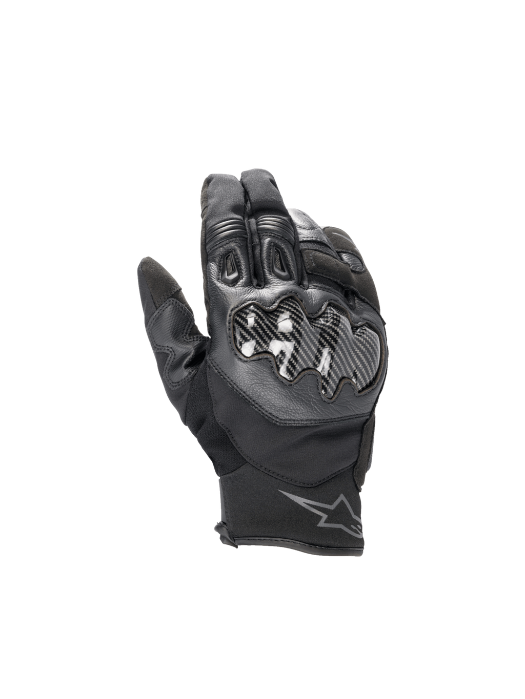 Alpinestars Smx-1 Drystar handschoenen, waterdichte heren motorhandschoenen, zwart leer met carbon knokkelbescherming.