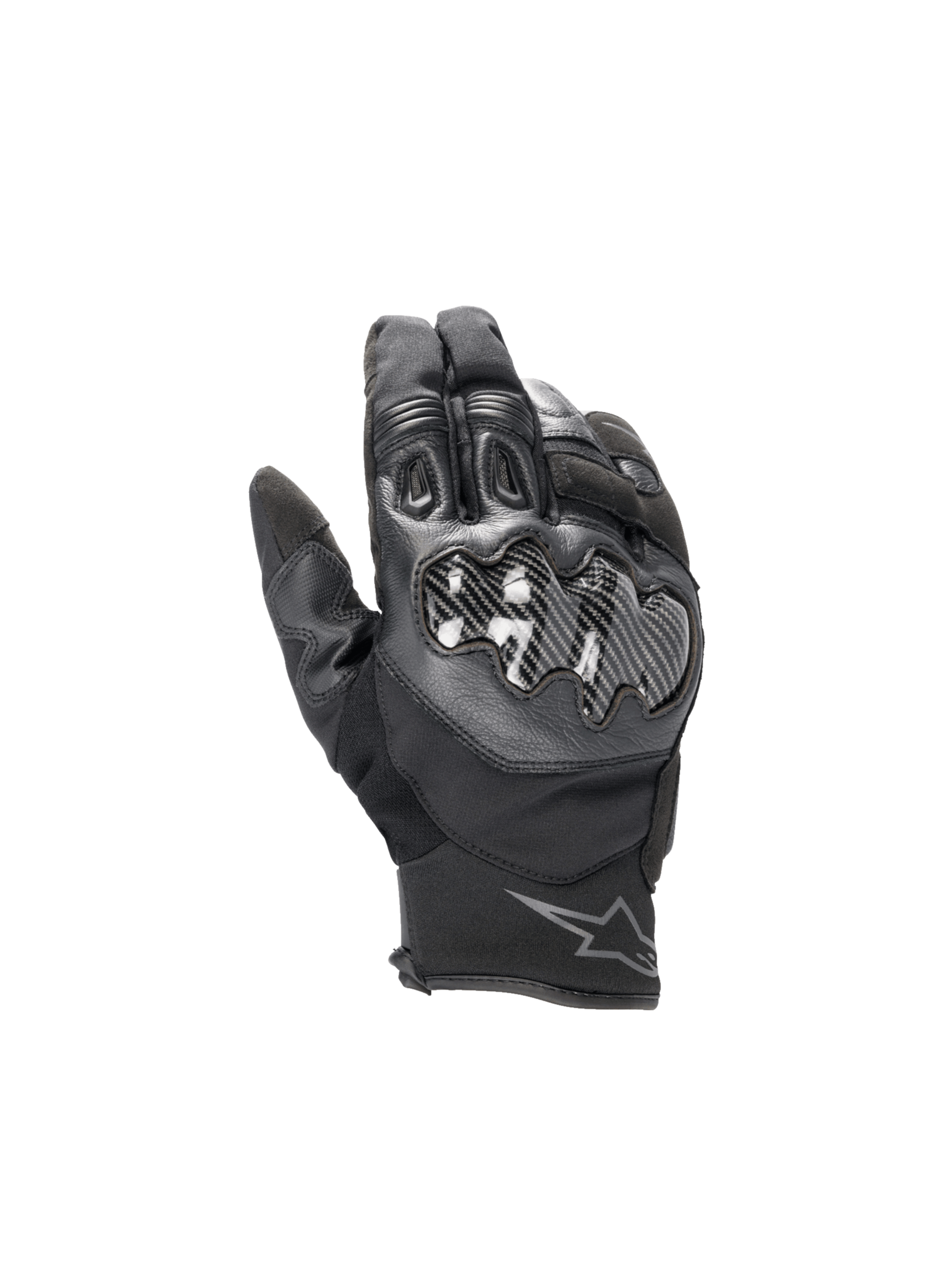 Alpinestars Smx-1 Drystar handschoenen, waterdichte heren motorhandschoenen, zwart leer met carbon knokkelbescherming.