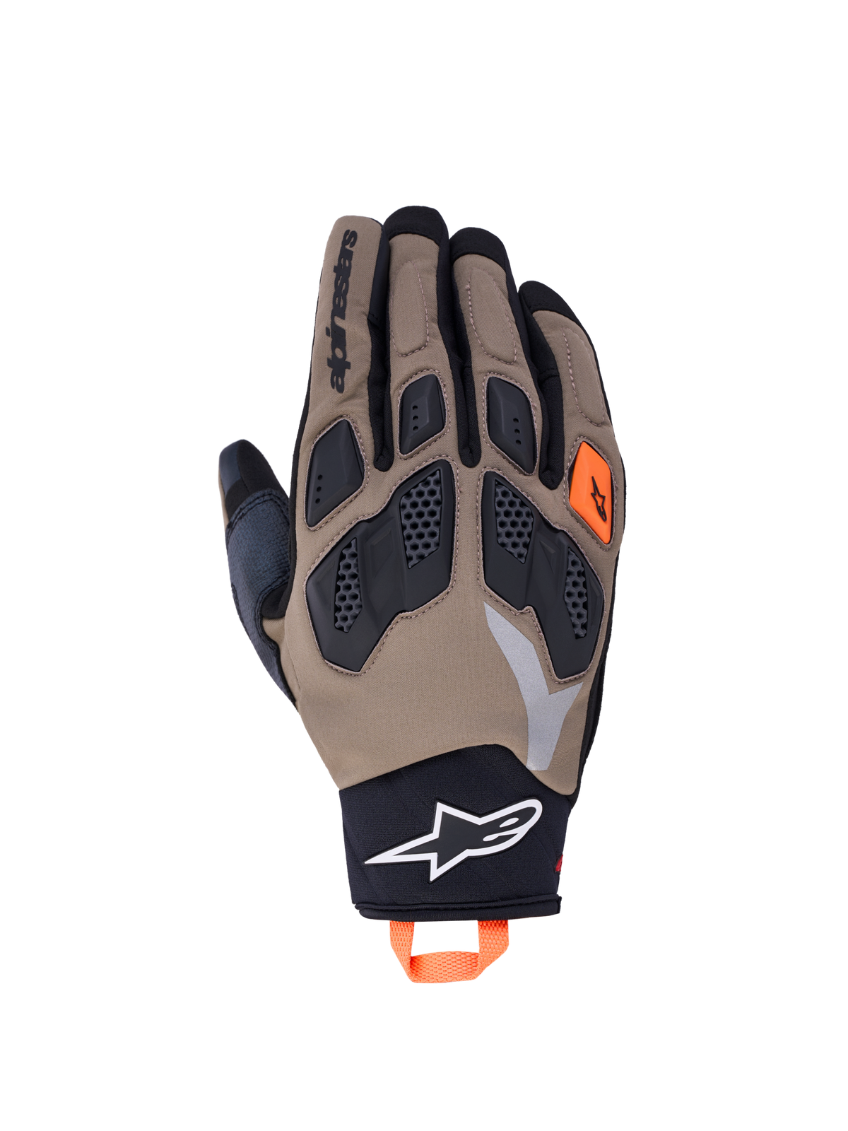 Alpinestars Maxdura Drystar handschoenen, adventure motorhandschoenen, walnut en zwart met oranje accenten, flexibele TPR-knokkels en waterdichte constructie