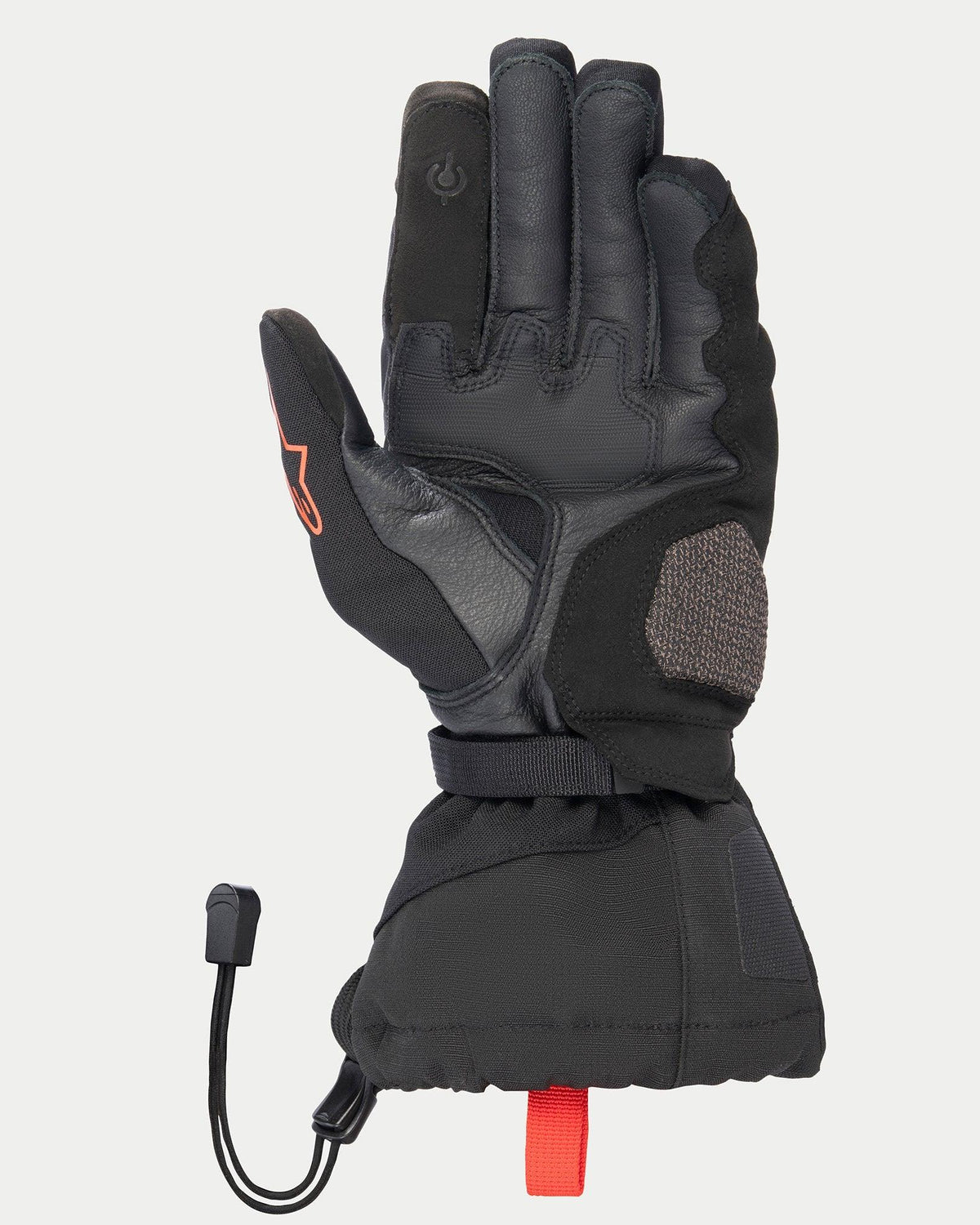 Gants Alpinestars XT-5 GORE-TEX, noir, vue côté paume montrant la construction en cuir, renfort de la zone d'atterrissage AR Shield, manchette longue avec fermeture par cordon de serrage, bouts des doigts compatibles avec les écrans tactiles et accents rouges caractéristiques.