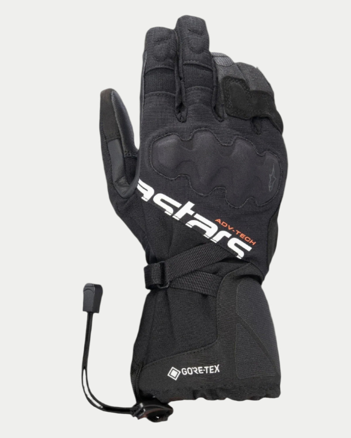 Alpinestars XT-5 GORE-TEX motorhandschoenen, zwarte adventure touring motorhandschoenen, lange manchet met GORE-TEX en wit astars-logo, bedekte knokkelbescherming, micro-ripstop textiel en leer, schokkoord sluiting