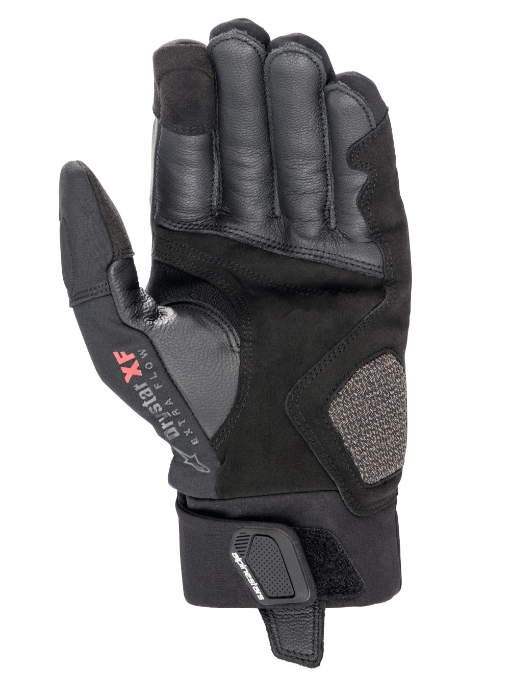 Alpinestars Hyde XT Drystar® XF handschoenen, motorhandschoenen, zwart, handpalm met versterkt synthetisch suède en leertextuur, Drystar XF Extra Flow-logo op de duim, middellange manchet met stevige polsband, adventure touring-ontwerp