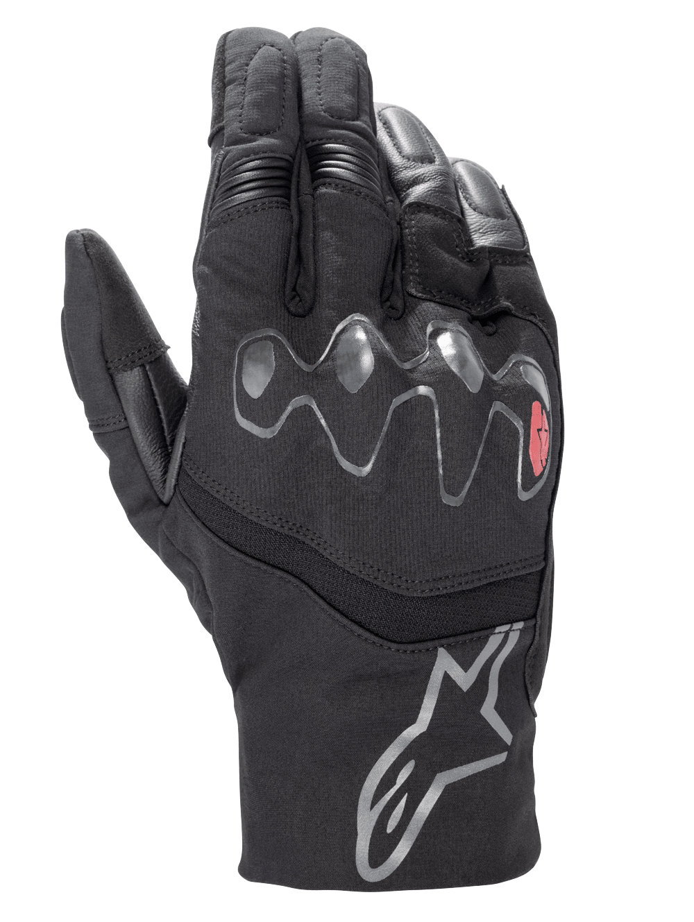 Alpinestars Hyde XT Drystar® XF handschoenen, zwarte motorhandschoenen, golvende visco-elastische knokkelbeschermer met rood accent, middellange manchet met zilveren sterlogo, waterdichte constructie van textiel en synthetisch suède, adventure touring uitrusting