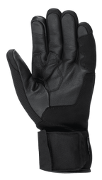 Alpinestars HT-3 Heat Tech Drystar® handschoenen, zwarte motorhandschoenen, weergave van de handpalm met geitenlederen constructie, textuur voor grip op de handpalm en duim, verstelbare polsband, touchscreen-compatibele wijsvinger, winter touring uitrusting