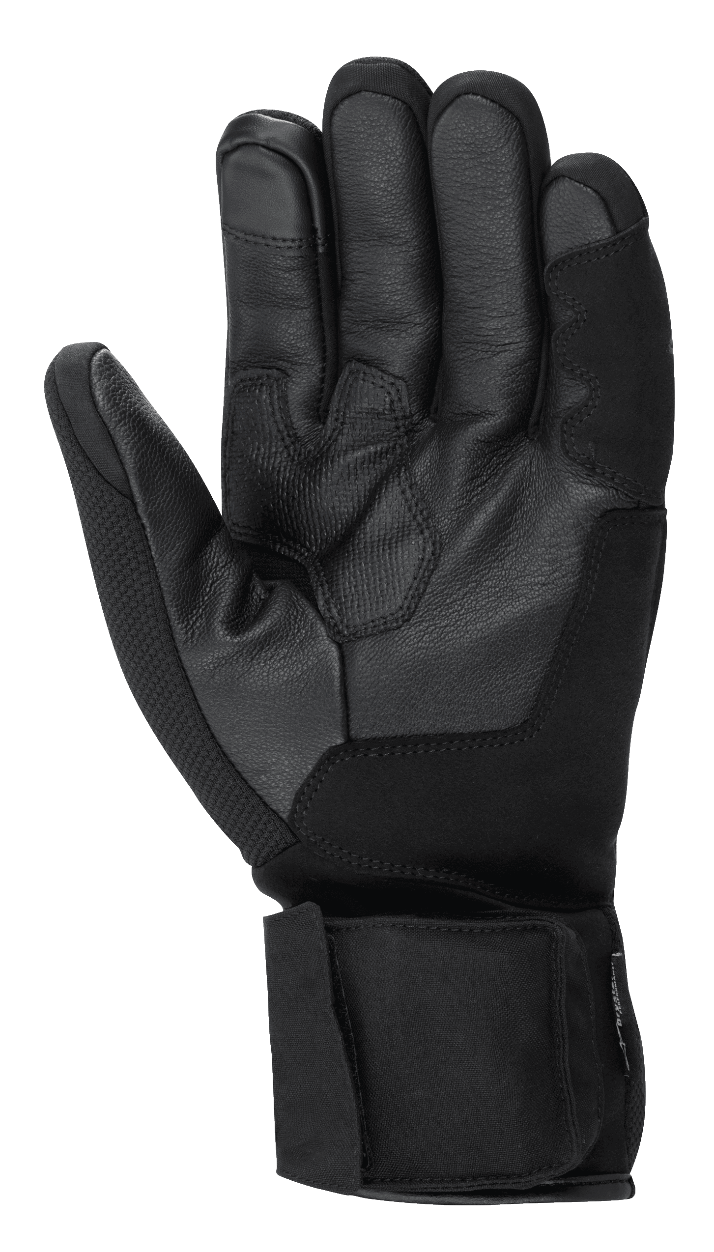 Alpinestars HT-3 Heat Tech Drystar® handschoenen, zwarte motorhandschoenen, weergave van de handpalm met geitenlederen constructie, textuur voor grip op de handpalm en duim, verstelbare polsband, touchscreen-compatibele wijsvinger, winter touring uitrusting