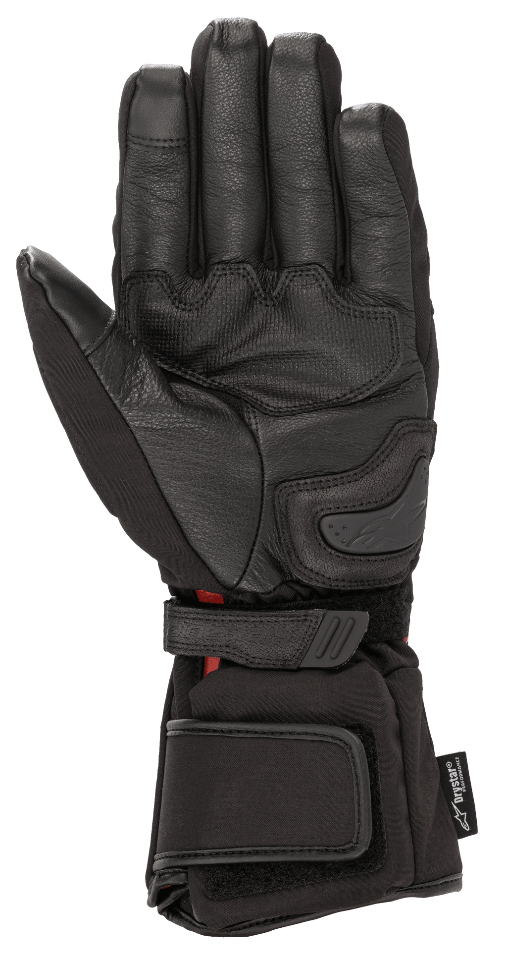Alpinestars HT-5 Heat Tech Drystar® handschoenen, zwart, aanzicht van de handpalm, geitenlederen constructie, palm slider en verstelbare pols- en manchetbanden, waterdichte en verwarmde winter motor touring uitrusting