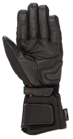 Alpinestars HT-5 Heat Tech Drystar® handschoenen, zwart, aanzicht van de handpalm, geitenlederen constructie, palm slider en verstelbare pols- en manchetbanden, waterdichte en verwarmde winter motor touring uitrusting