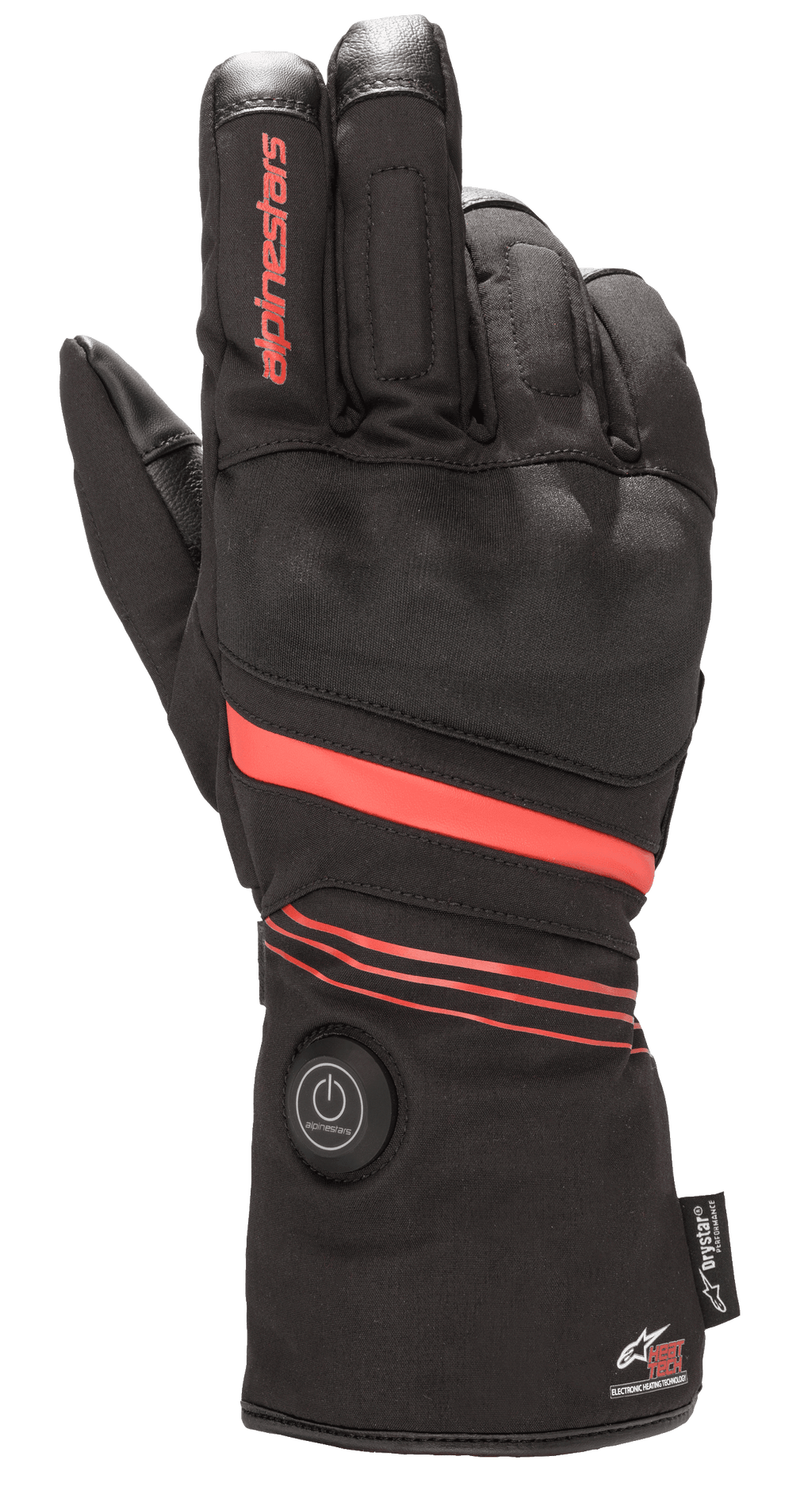 Alpinestars HT-5 Heat Tech Drystar® handschoenen, verwarmde motorhandschoenen, zwart met rode accenten, voorzien van een ronde aan/uit-knop op de manchet, rode strepen over de hand en pols, Alpinestars-branding op de vinger, ontworpen voor waterdichte bescherming in koud weer