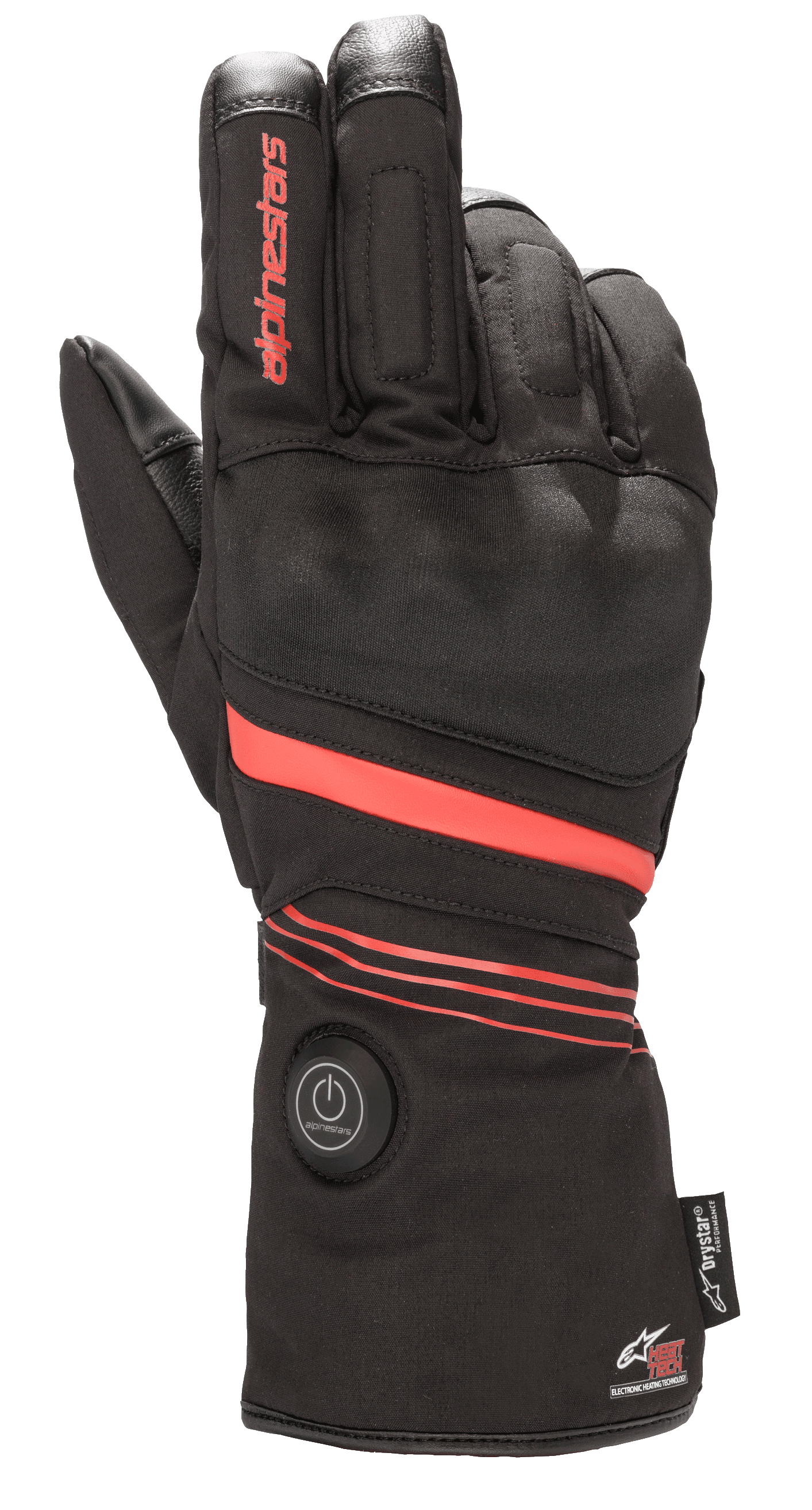 Alpinestars HT-5 Heat Tech Drystar® handschoenen, verwarmde motorhandschoenen, zwart met rode accenten, voorzien van een ronde aan/uit-knop op de manchet, rode strepen over de hand en pols, Alpinestars-branding op de vinger, ontworpen voor waterdichte bescherming in koud weer