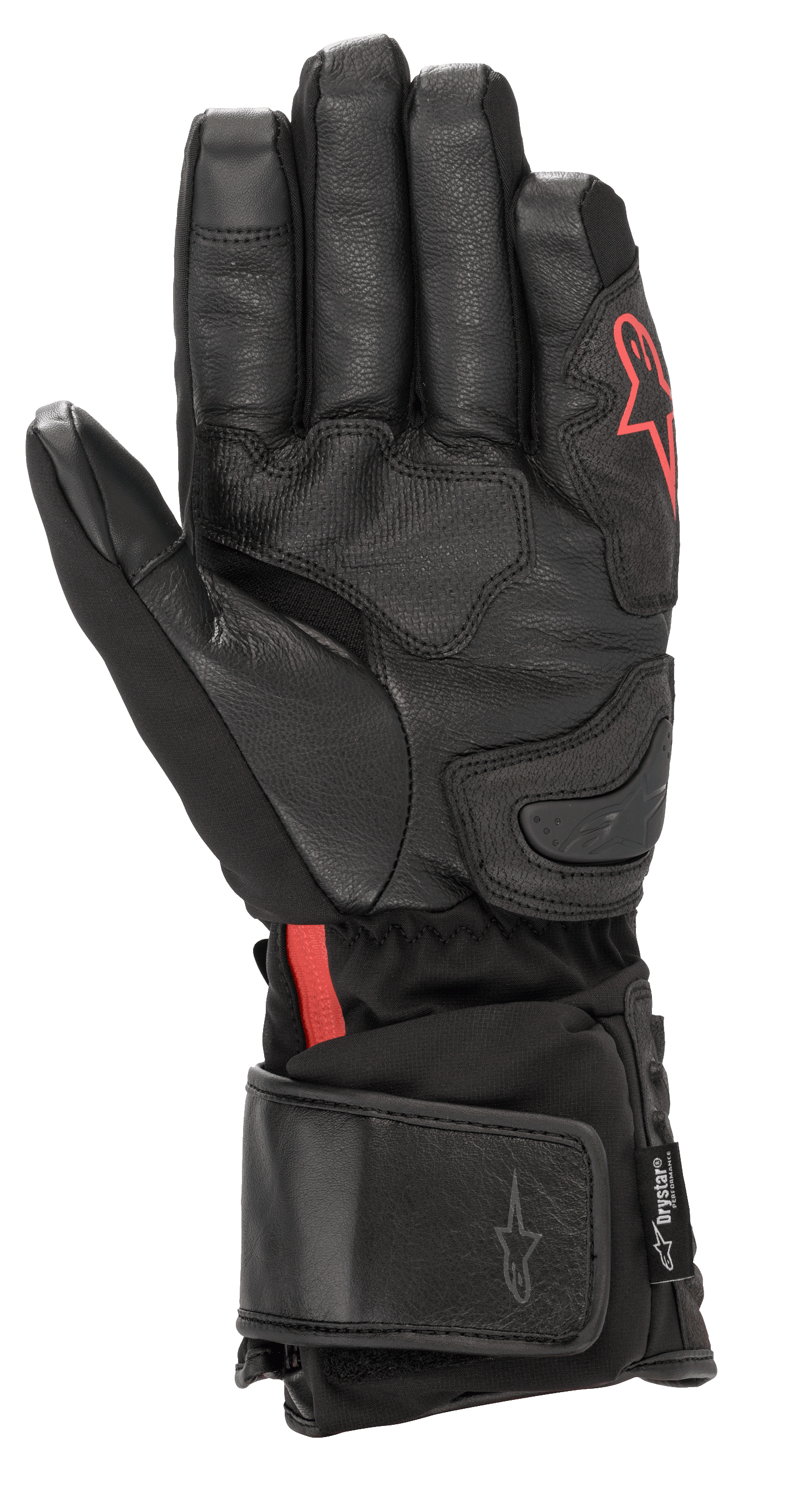 Gants Alpinestars HT-7 Heat Tech Drystar®, gants de moto chauffants noirs, dotés d'une paume en cuir et d'une construction softshell avec logo Alpinestars rouge, technologie Drystar® imperméable et manchette réglable pour la conduite sur route par temps froid