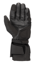 Alpinestars WR-X GORE-TEX handschoenen, zwarte motorwinterhandschoenen, aanzicht van de handpalm met lederen en synthetisch suède constructie, lange manchet met verstelbare band en geleidende, touchscreen-vriendelijke vingertop.