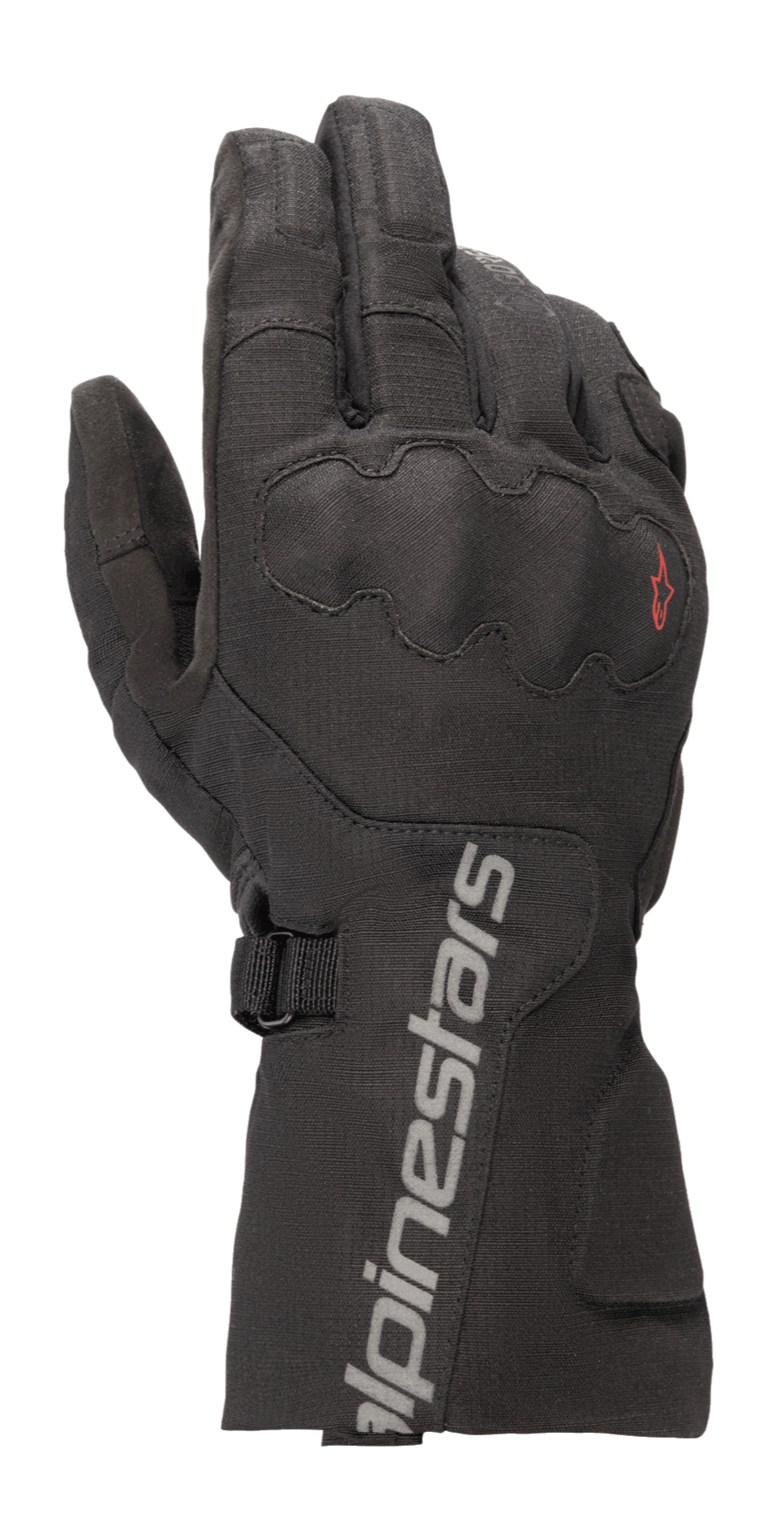 Alpinestars WR-X GORE-TEX handschoenen, tour-motorhandschoenen, zwart, voorzien van een lange manchet met grijze Alpinestars-branding, bedekte SP Lite knokkelbescherming en een duurzame ripstop textielconstructie