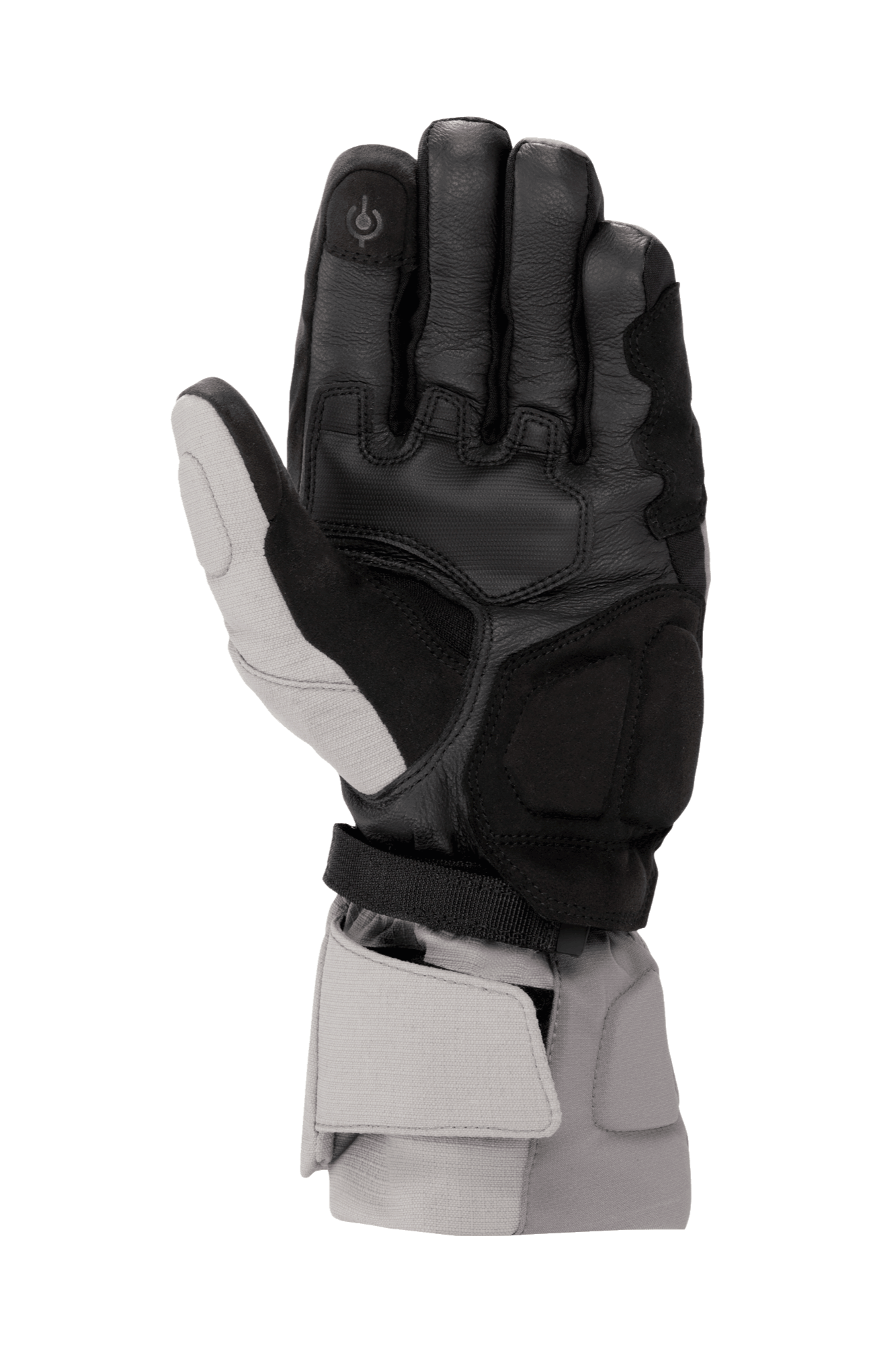 Alpinestars WR-X GORE-TEX handschoenen, winter motorhandschoenen, donkergrijs, ijsgrijs en zwart, weergave van de handpalm met leren constructie, versterkingen van synthetisch suède, touchscreen-compatibele wijsvinger en lange manchet voor bescherming tegen weersinvloeden