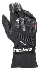 Alpinestars Boulder GORE-TEX motorhandschoenen, zwarte motorhandschoenen, harde knokkelbescherming met rood logo, GORE-TEX-branding, accordeon stretchpanelen, polsband met witte Alpinestars-branding, duurzame constructie van textiel en leer