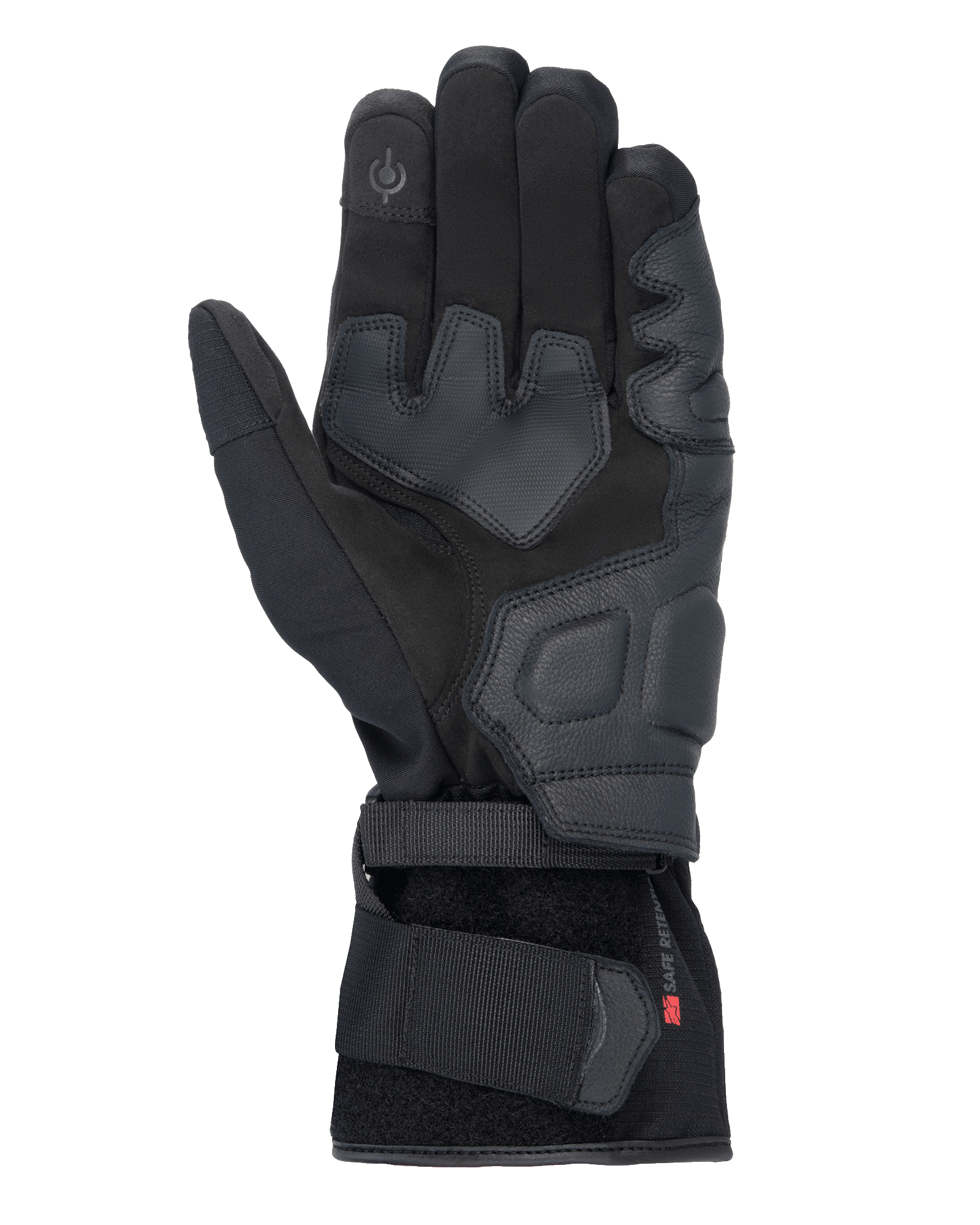 Alpinestars Tourer W-7 V2 Drystar® handschoenen, zwarte motorhandschoenen, handpalmzicht met lederen versterkingen, gevoerde gripzones, touchscreen-compatibele vingertop en een veilige polsbandsluiting.
