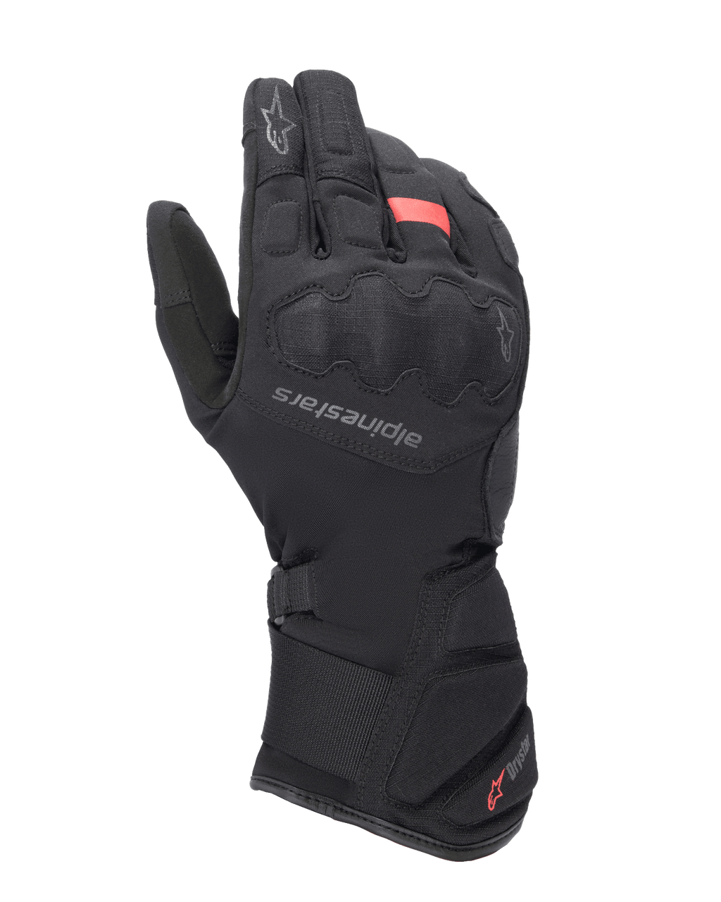 Alpinestars Tourer W-7 V2 Drystar motorhandschoenen, winter touring-motorhandschoenen, zwart met rode accenten, voorzien van verstevigde knokkelbescherming, Alpinestars-logo op de handrug, lange verstelbare manchet met Drystar-branding