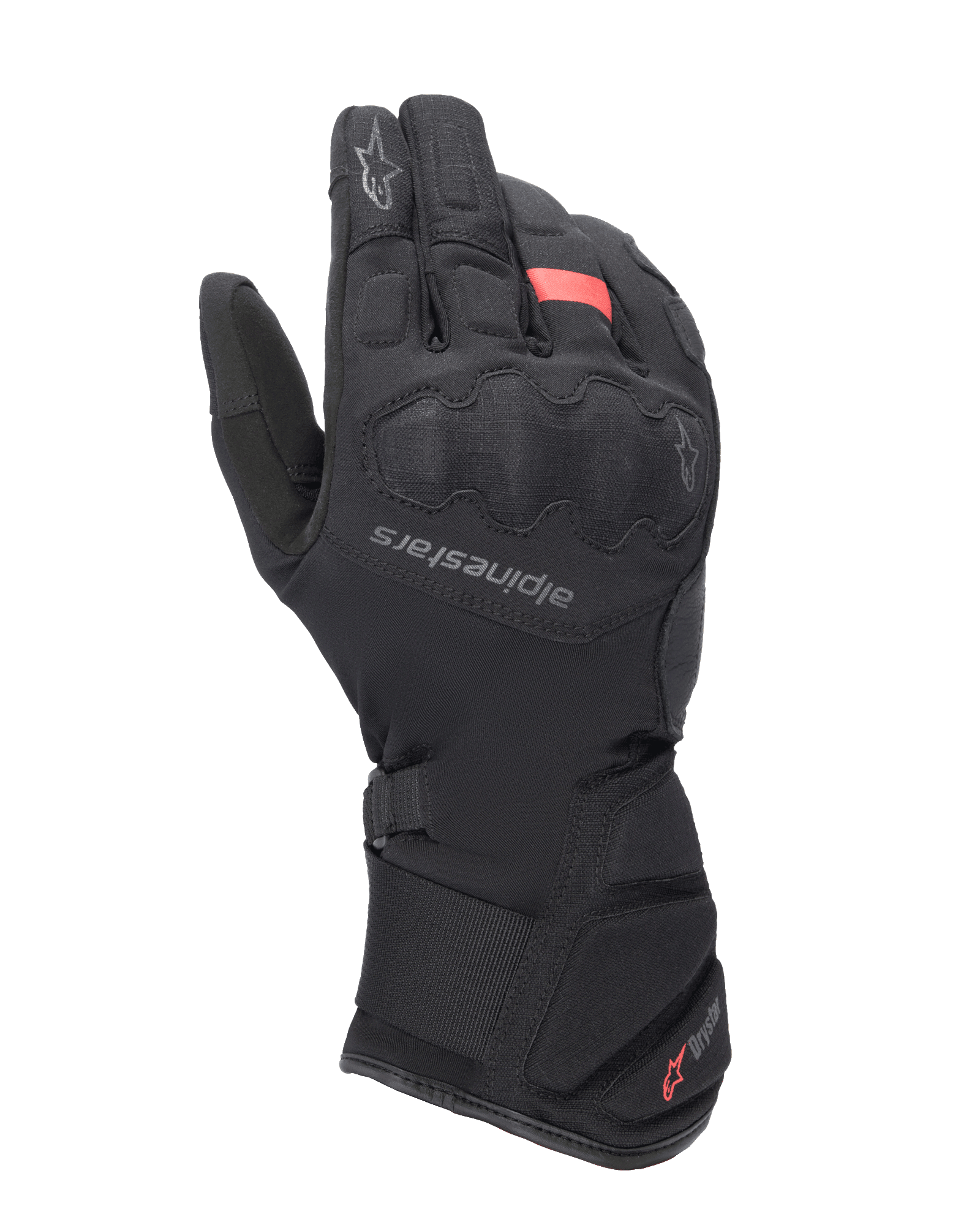 Alpinestars Tourer W-7 V2 Drystar® Handschuhe, Winter-Motorradtourenhandschuhe, Schwarz mit roten Akzenten, verstärkter Knöchelschutz, Alpinestars-Logo auf dem Handrücken, lange verstellbare Stulpe mit Drystar-Branding