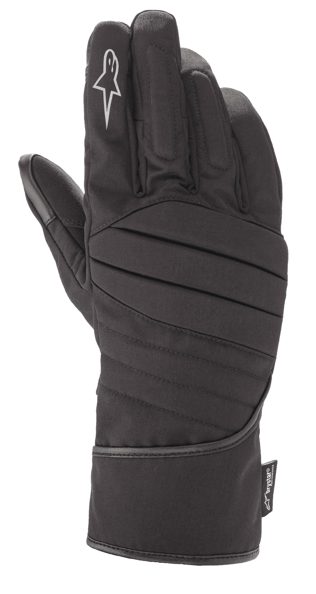 Alpinestars SR-3 V2 Drystar® handschoenen, zwarte waterdichte motor-toerhandschoenen, gauntlet-stijl met gewatteerde geribbelde rugzijde, wit sterlogo op de wijsvinger en een Drystar® performance label