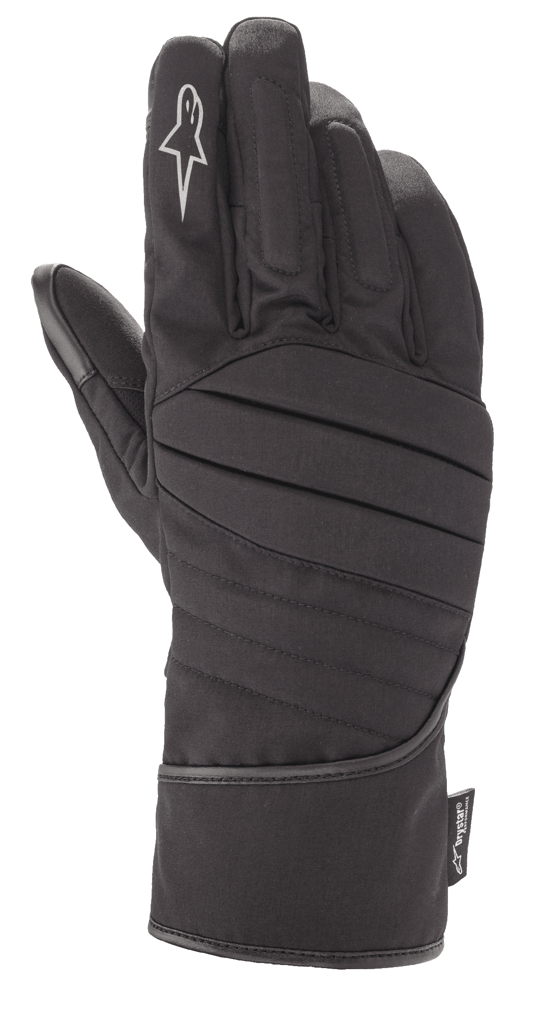 Alpinestars SR-3 V2 Drystar® handschoenen, zwarte waterdichte motor-toerhandschoenen, gauntlet-stijl met gewatteerde geribbelde rugzijde, wit sterlogo op de wijsvinger en een Drystar® performance label