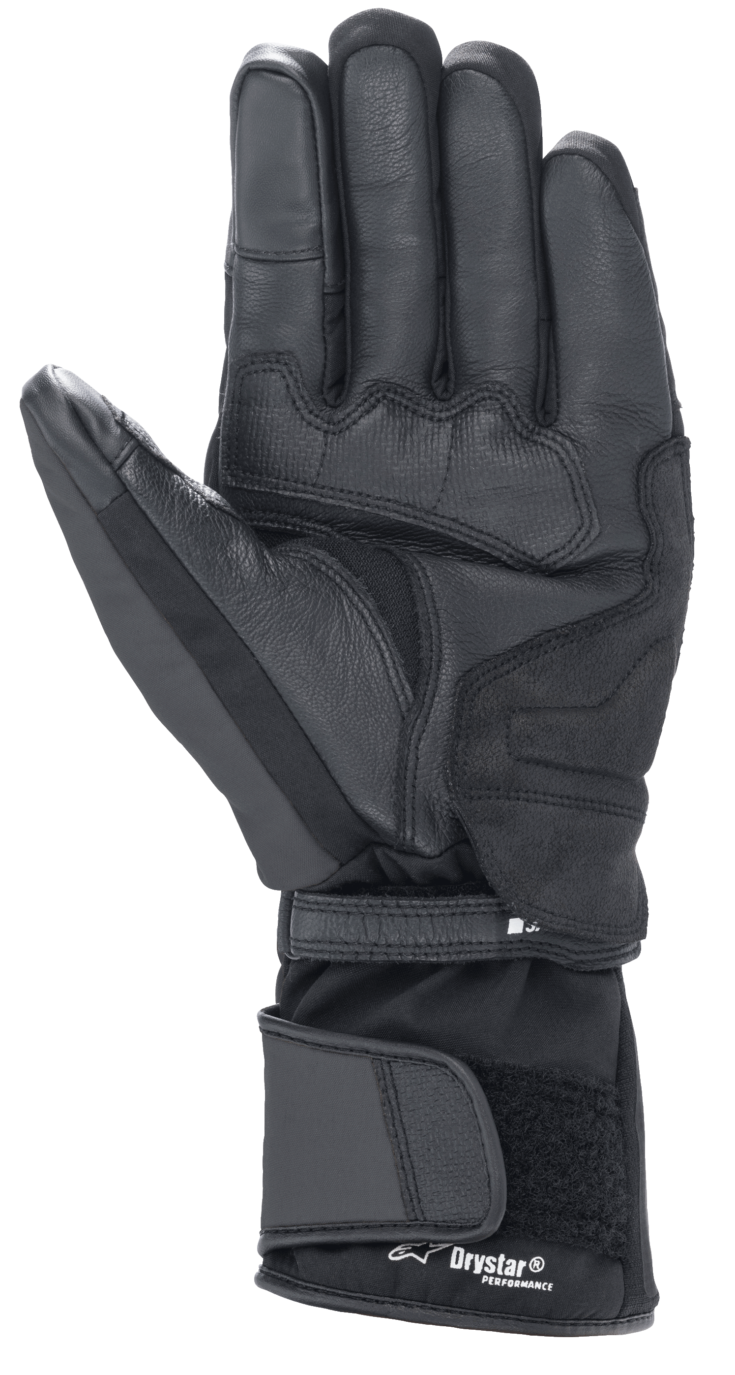 Alpinestars Denali Aerogel Drystar® handschoenen, zwart, zicht op de handpalm met versterkte materiaalpanelen, getextureerde grip op de vingers en verstelbare lange manchet met Drystar® Performance-branding, wintermotoruitrusting voor adventure touring