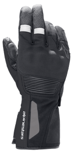 Alpinestars Denali Aerogel Drystar® handschoenen, adventure touring motorhandschoenen, zwart met witte geribbelde vingeraccenten, voorgevormde knokkelbescherming en merknaam op de pols, technische constructie van meerdere materialen voor prestaties in koud weer.