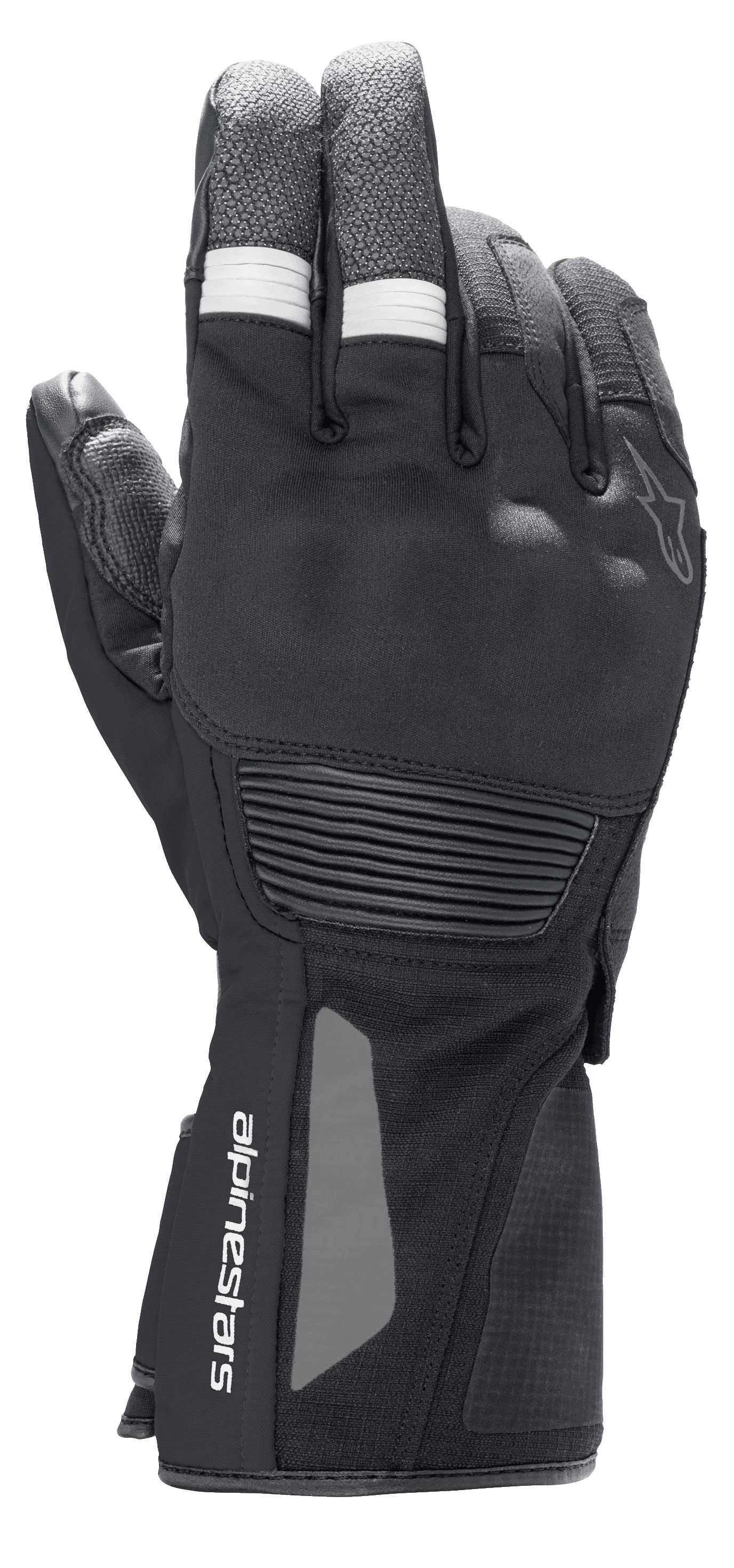 Alpinestars Denali Aerogel Drystar® Handschuhe, Motorrad-Adventure-Tourenhandschuhe, Schwarz mit weißen gerippten Akzenten an den Fingern, geformter Knöchelschutz und Branding am Handgelenk, technische Multi-Material-Konstruktion für Performance bei kaltem Wetter
