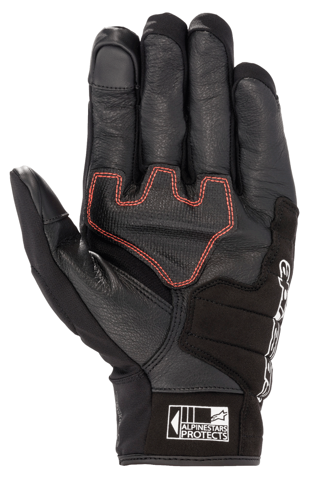 Alpinestars Honda SMX Z Drystar® handschoen, motorhandschoen met kort manchet, zwart met felrode geometrische stiksels op de handpalm, geitenlederen constructie met suède versterkingen, voorzien van touchscreen-compatibele vingertoppen en Alpinestars Protects-logo op de manchet.