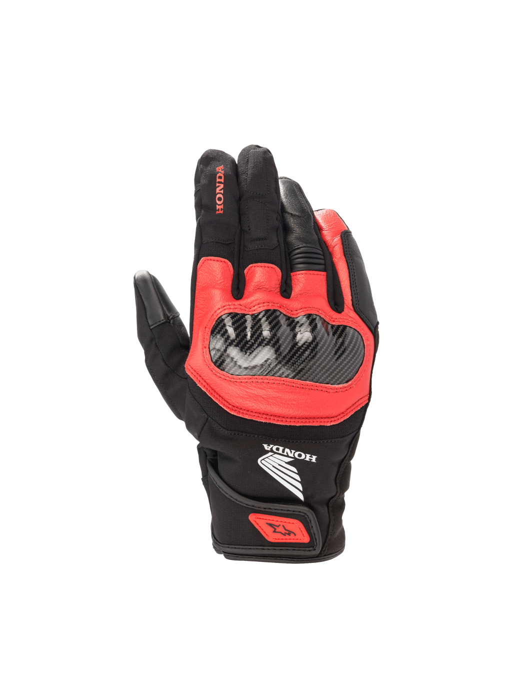 Alpinestars Honda SMX Z Drystar® motorhandschoenen, waterdicht zwart en helder rood geitenleer, met harde knokkelbescherming.