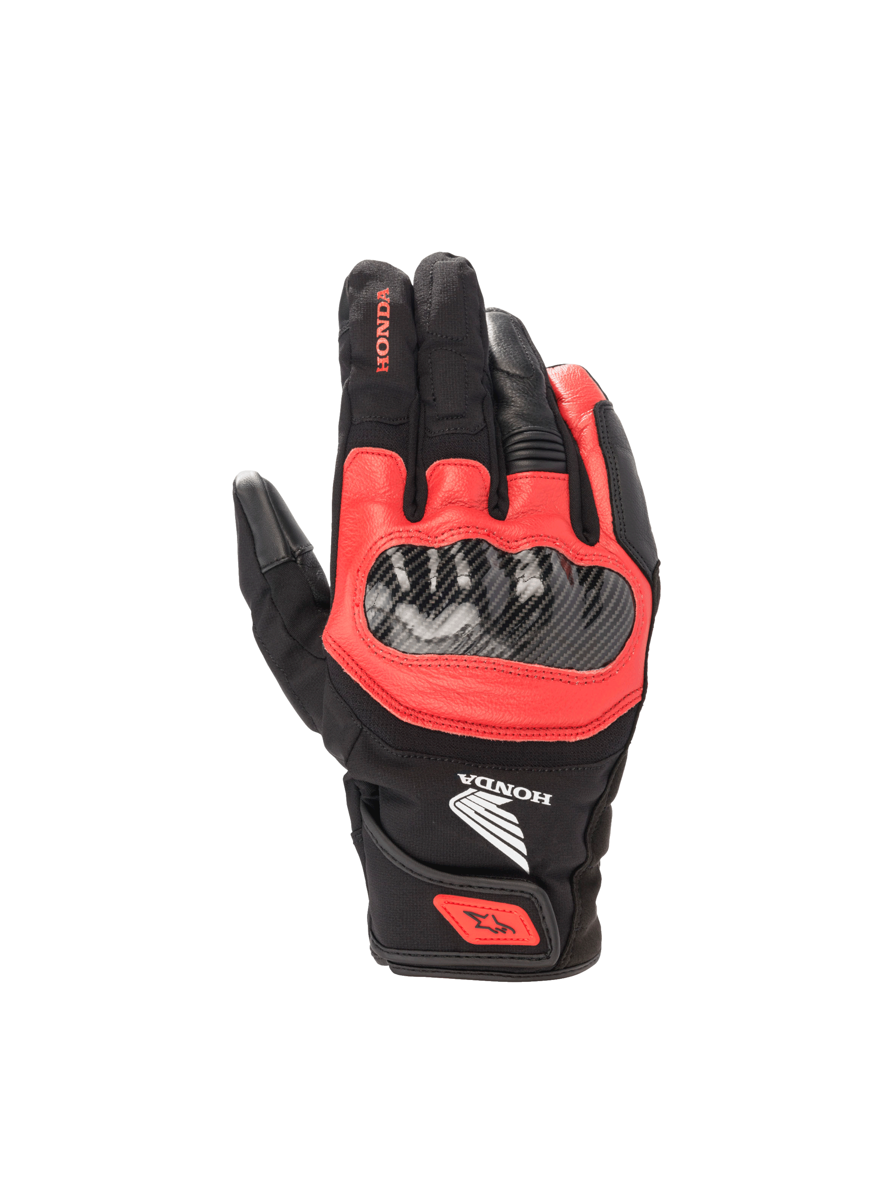 Alpinestars Honda SMX Z Drystar® motorhandschoenen, waterdicht zwart en helder rood geitenleer, met harde knokkelbescherming.