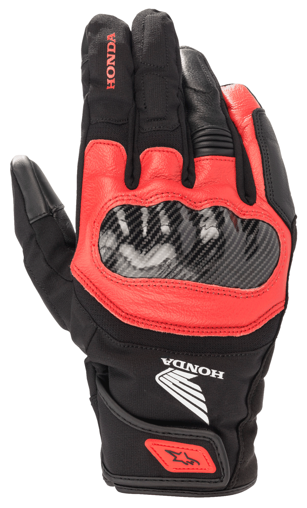 Honda SMX Z Drystar® handschoen, zwart en felrode motorhandschoen, carbonvezel knokkelbeschermer, constructie van leer en textiel, Honda-branding, waterdichte bescherming, korte manchet met polsband