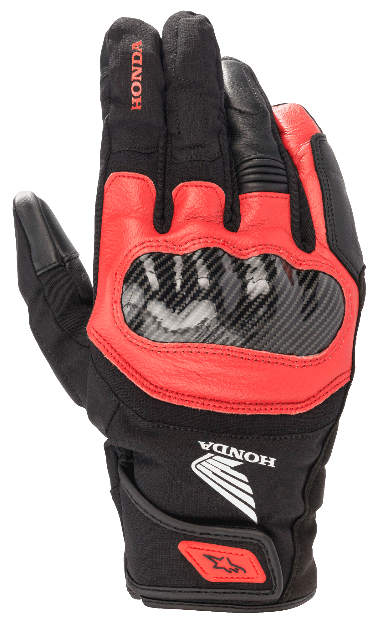 Honda SMX Z Drystar® handschoen, zwart en felrode motorhandschoen, carbonvezel knokkelbeschermer, constructie van leer en textiel, Honda-branding, waterdichte bescherming, korte manchet met polsband