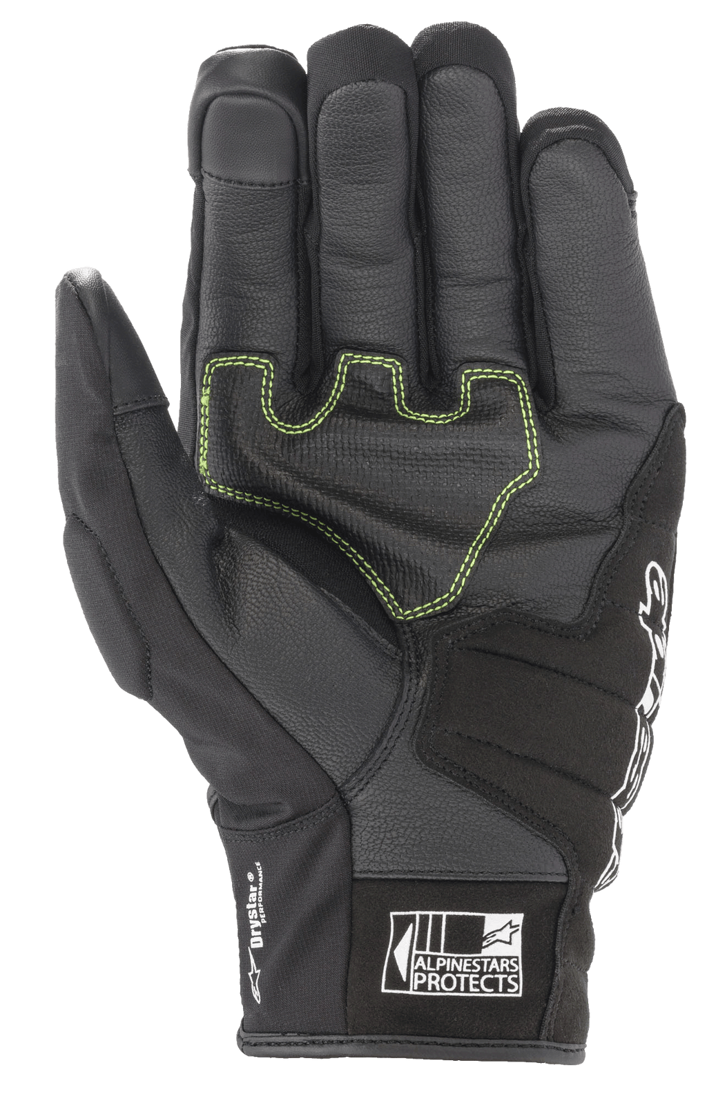 Gants Alpinestars SMX Z Drystar®, gants de moto noirs, vue de la paume avec surpiqûres contrastées vert néon sur cuir renforcé, marquage « Drystar Performance » sur le côté et logo « Alpinestars Protects » sur la manchette