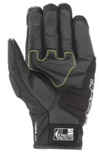 Gants Alpinestars SMX Z Drystar®, gants de moto noirs, vue de la paume avec surpiqûres contrastées vert néon sur cuir renforcé, marquage « Drystar Performance » sur le côté et logo « Alpinestars Protects » sur la manchette