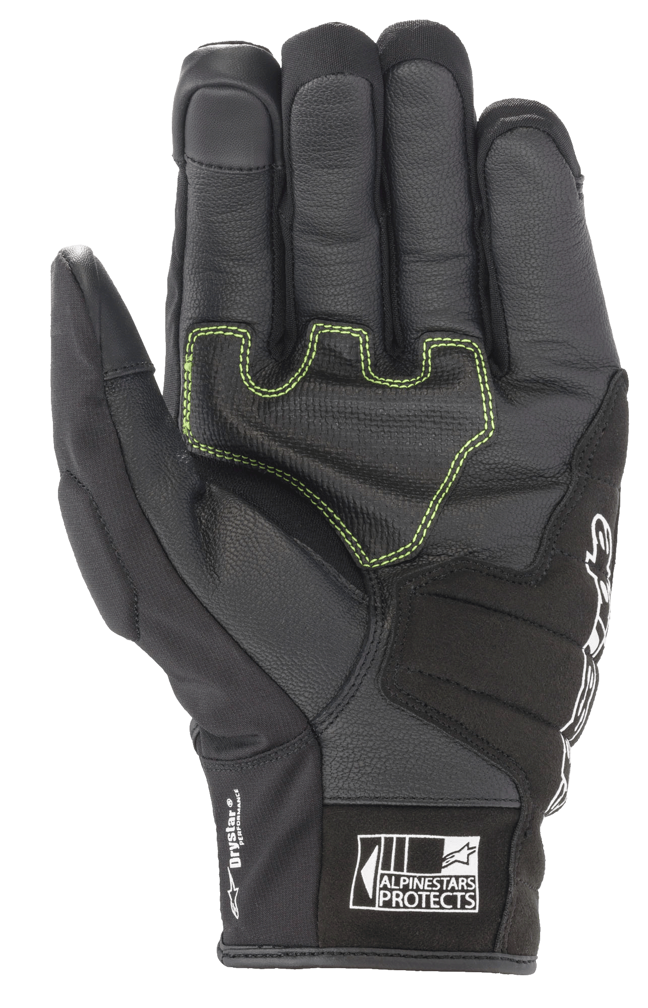 Gants Alpinestars SMX Z Drystar®, gants de moto noirs, vue de la paume avec surpiqûres contrastées vert néon sur cuir renforcé, marquage « Drystar Performance » sur le côté et logo « Alpinestars Protects » sur la manchette