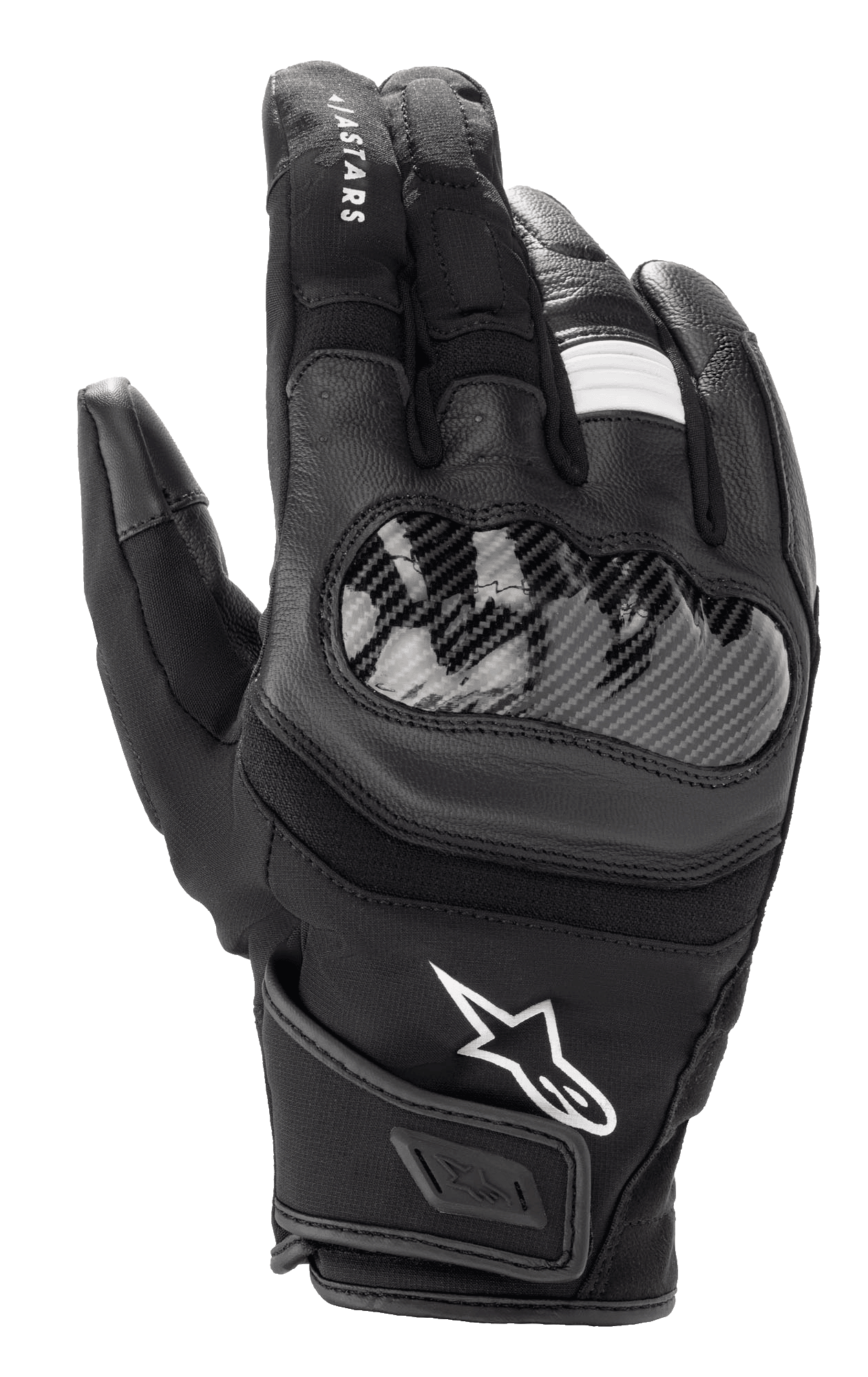 Alpinestars SMX Z Drystar® handschoenen, motorhandschoenen met korte manchet, zwart, met harde knokkelbescherming met carbon-look, constructie van leer en textiel, wit Alpinestars-logo en waterdichte Drystar®-technologie
