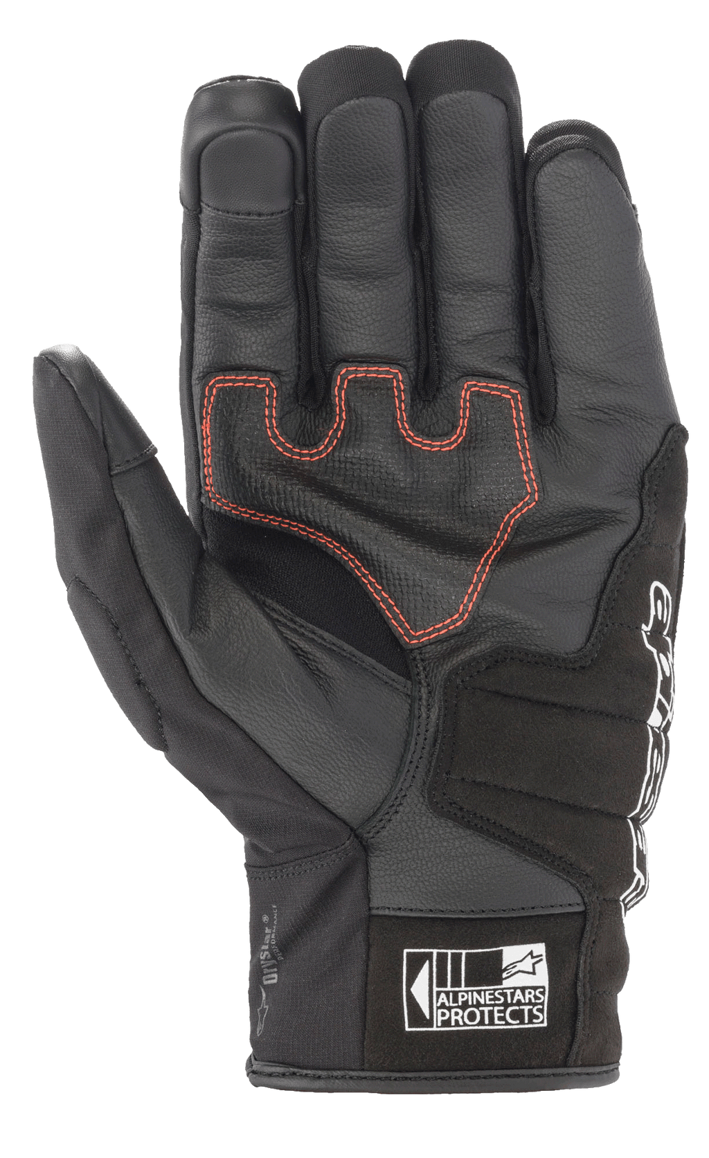Alpinestars SMX Z Drystar® handschoenen, motorhandschoenen met korte manchet, zwart met rode contrasterende stiksels, zicht op de handpalm met lederen constructie en versterkte padding, voorzien van het Alpinestars Protects-logo op het manchet