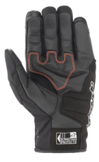 Alpinestars SMX Z Drystar® handschoenen, motorhandschoenen met korte manchet, zwart met rode contrasterende stiksels, zicht op de handpalm met lederen constructie en versterkte padding, voorzien van het Alpinestars Protects-logo op het manchet