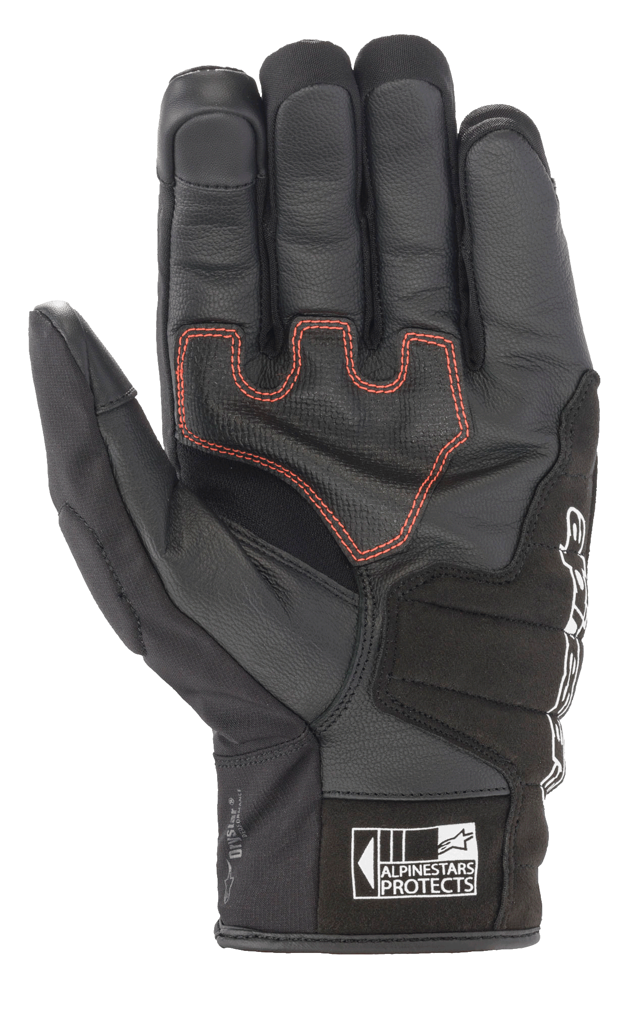 Alpinestars SMX Z Drystar® handschoenen, motorhandschoenen met korte manchet, zwart met rode contrasterende stiksels, zicht op de handpalm met lederen constructie en versterkte padding, voorzien van het Alpinestars Protects-logo op het manchet