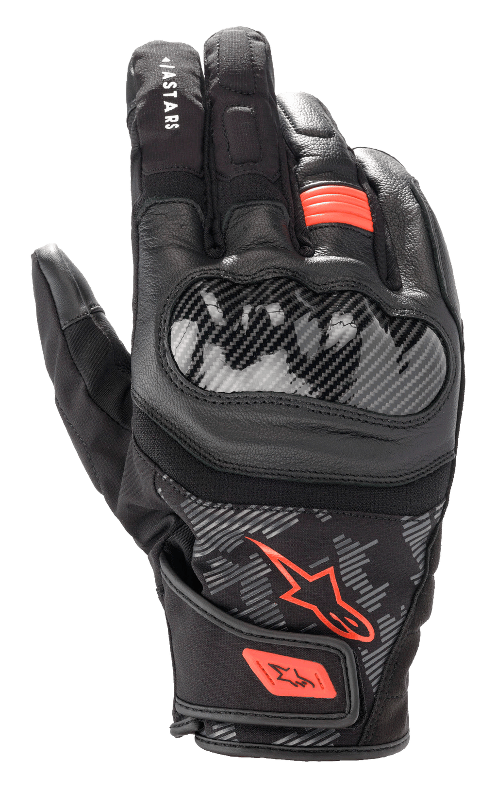 Alpinestars SMX Z Drystar® handschoenen, motorhandschoenen, zwart en fluo rood, harde knokkelbeschermer in koolstofvezelstijl, constructie van leer en textiel, waterdicht ontwerp met korte manchet