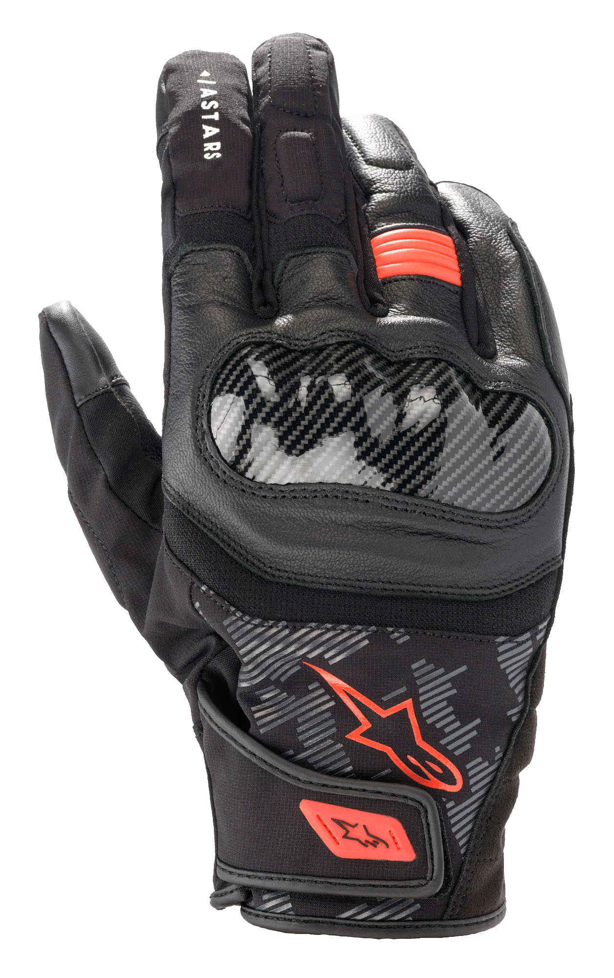 Alpinestars SMX Z Drystar® handschoenen, motorhandschoenen, zwart en fluo rood, harde knokkelbeschermer in koolstofvezelstijl, constructie van leer en textiel, waterdicht ontwerp met korte manchet