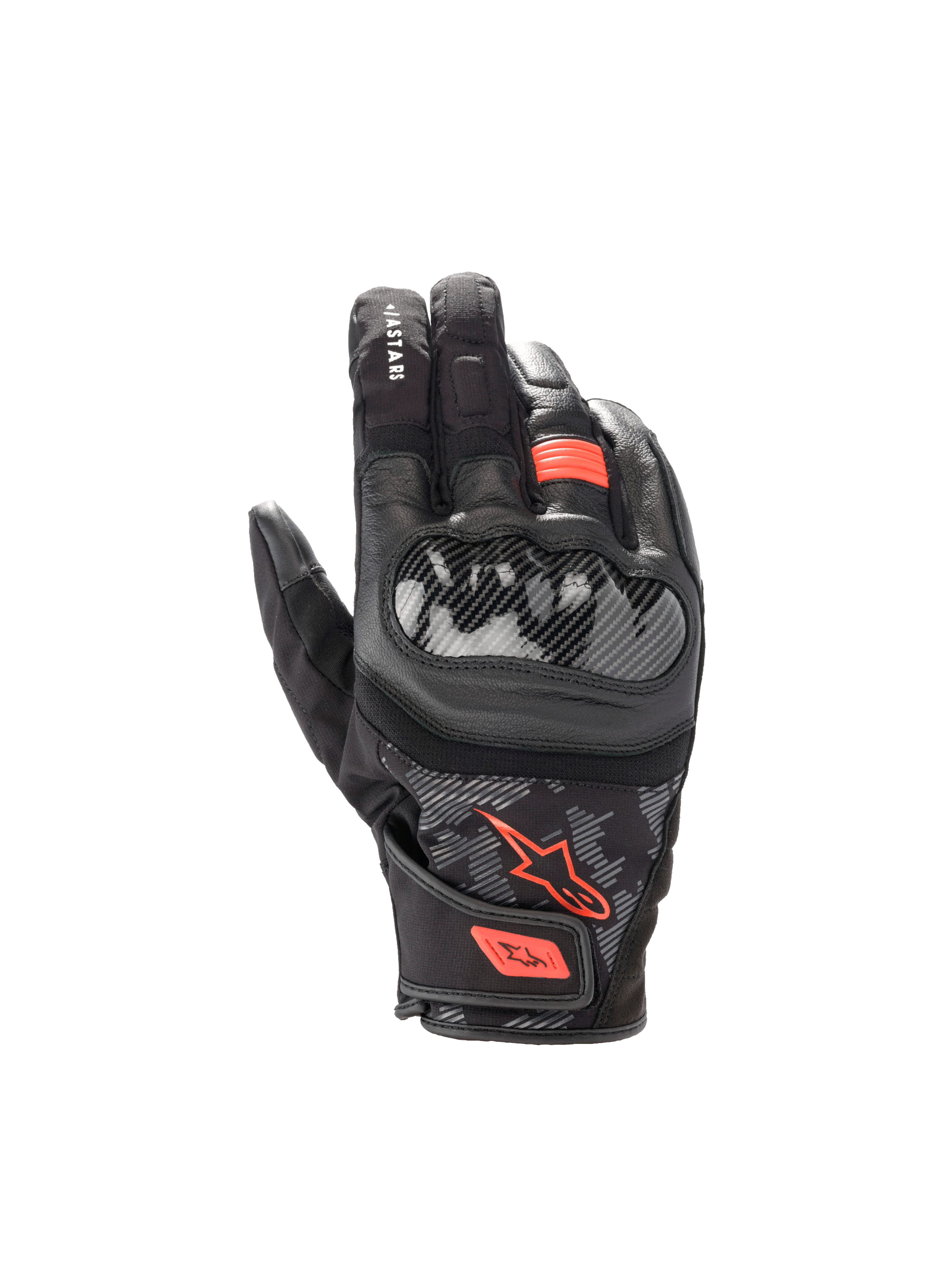 Alpinestars SMX Z Drystar handschoenen, waterdichte motorhandschoenen, zwart en rood fluo, geitenleer met knokkelbescherming.